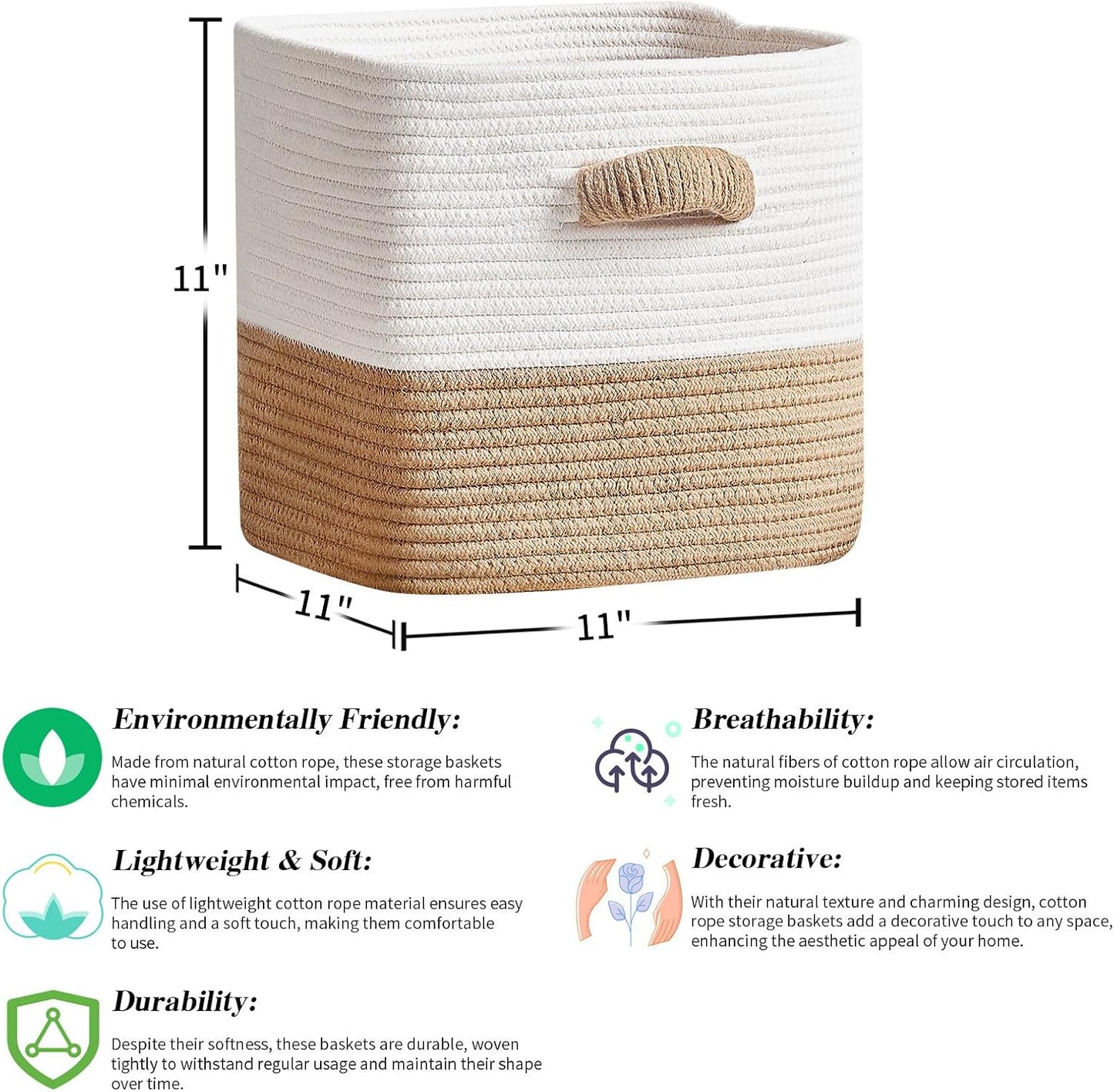 R RUNKA Storage Cube Baskets for Organizing -3 Pack -11 inch Square Baskets for Cube Storage, Closet Storage Bins-Woven Cube Storage Bins for Shelves- Ideal for Toy Storage |White & Khaki