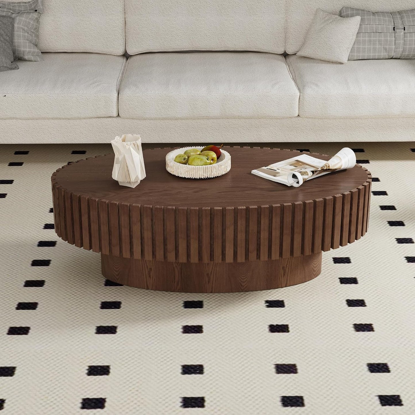Modern Oval Coffee Table for Living Room (Oval Dark Brown) | Drum Oval Fluted Coffee Table, Pedestal Center Table for Office Patio