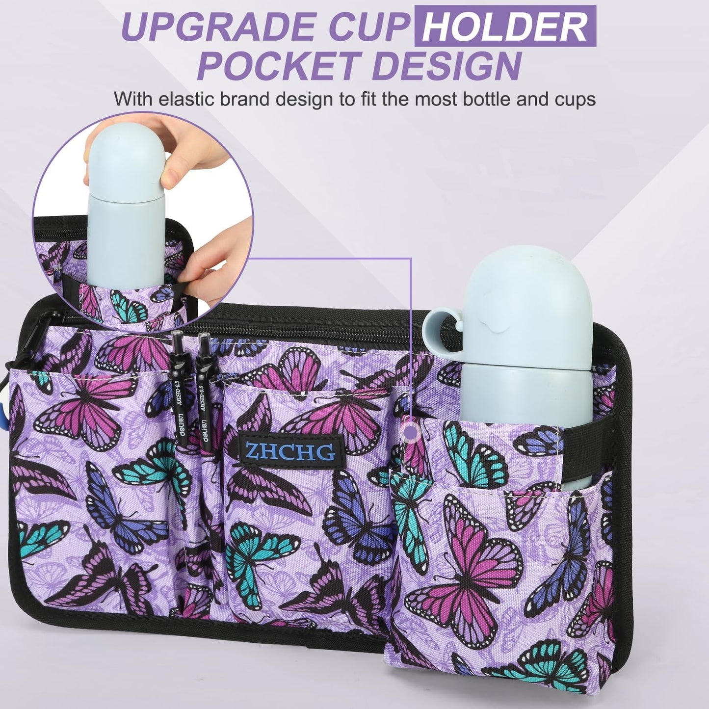 ZHCHG Wheelchair Side Bag with Cup Holder, Wheelchair Armrest Pouch Accessories for Walker, Rollator, Electric Scooter Wheelchairs, Ideal Gift for Mother's Day & Father's Day -Purple