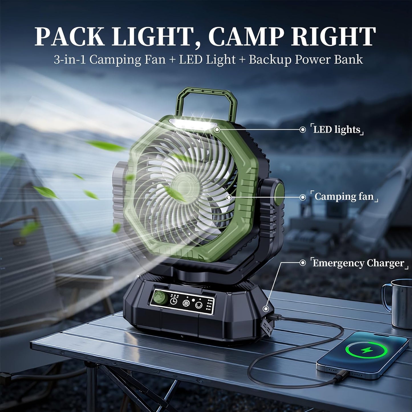 AJVV Camping Fan, Oscillating Battery Powered Portable Rechargeable Hanging Tent Fan with Light and Remote for Camp, Outdoor, Emergency Power Outage, Fishing, RV Travel, Green