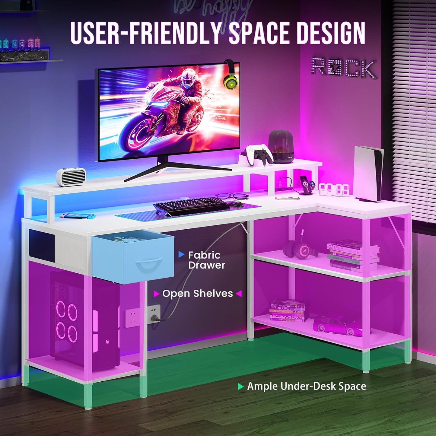 DUMOS 47" Gaming Desk with USB Charging Ports & LED Lights, Reversible L-Shaped Corner Computer Table for Small Spaces, Power Outlets, Monitor Stand & Storage Shelves Included, White
