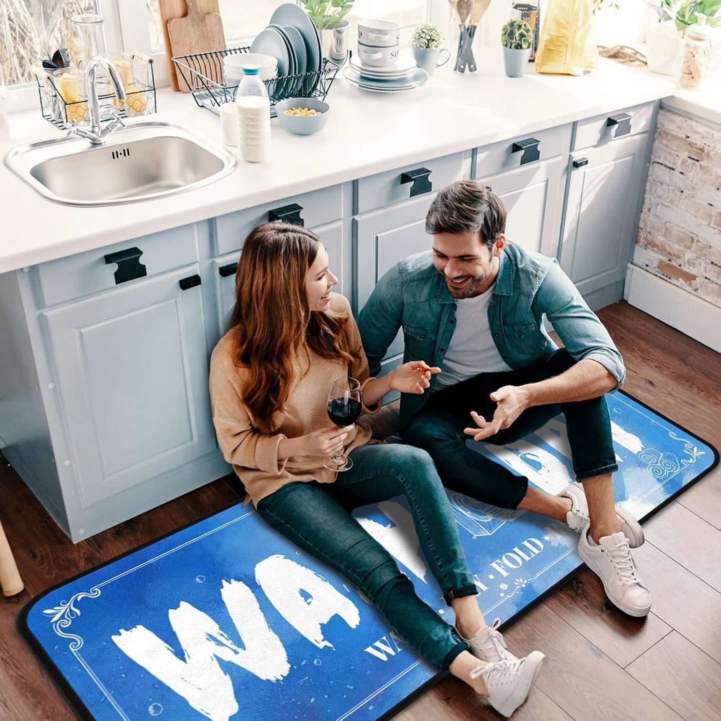 Laundry Room Long Mat Area Rug Non-Slip Floor Mat Waterproof Farmhouse Carpet for Kitchen 40" x 20" (Blue-1)