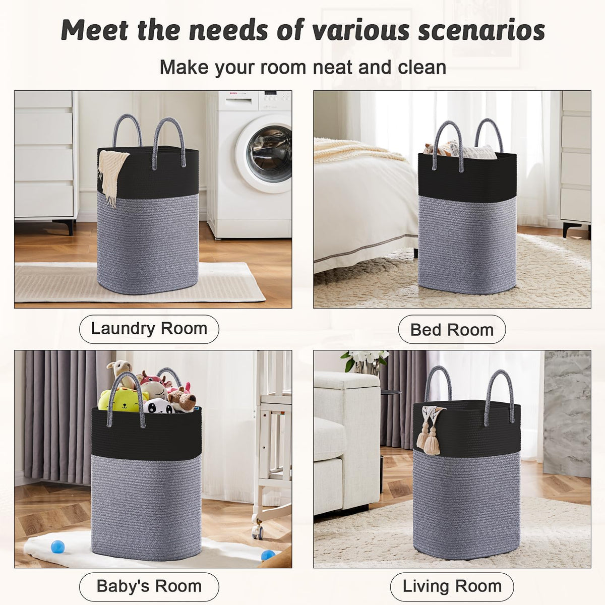 Laundry Basket,Woven Cotton Rope Laundry Hamper,Versatile Storage for Dirty Clothes,Baby Toys,and Blankets in Bathroom, Nursery,and Living Room (Black, 100L)