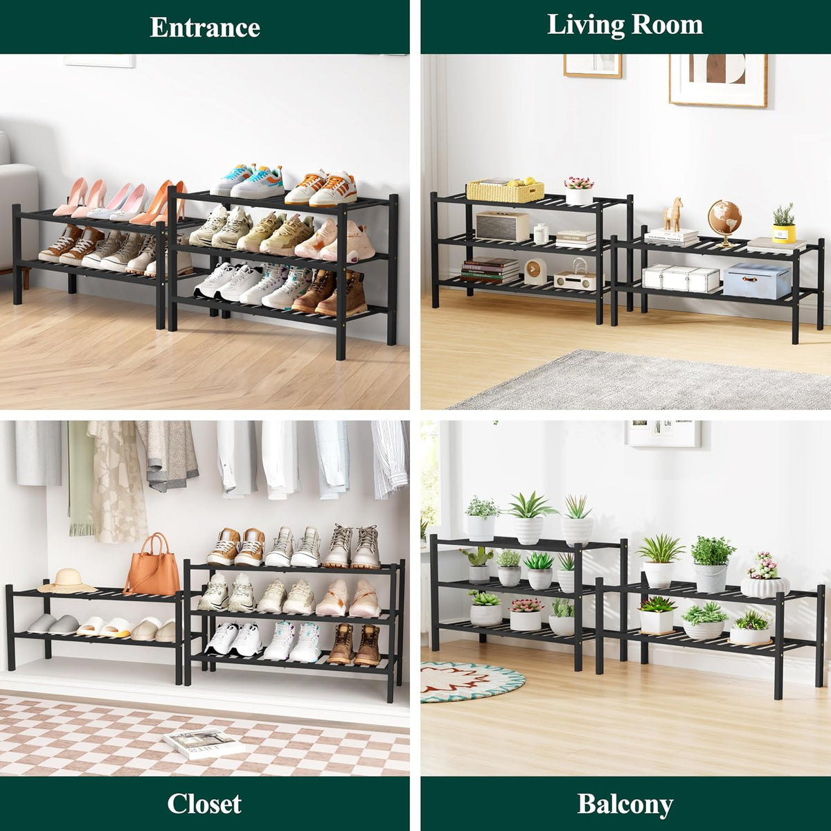 Smiry Bamboo Shoe Rack for Closet, 3 Tier - 26.77" Wide, Black
