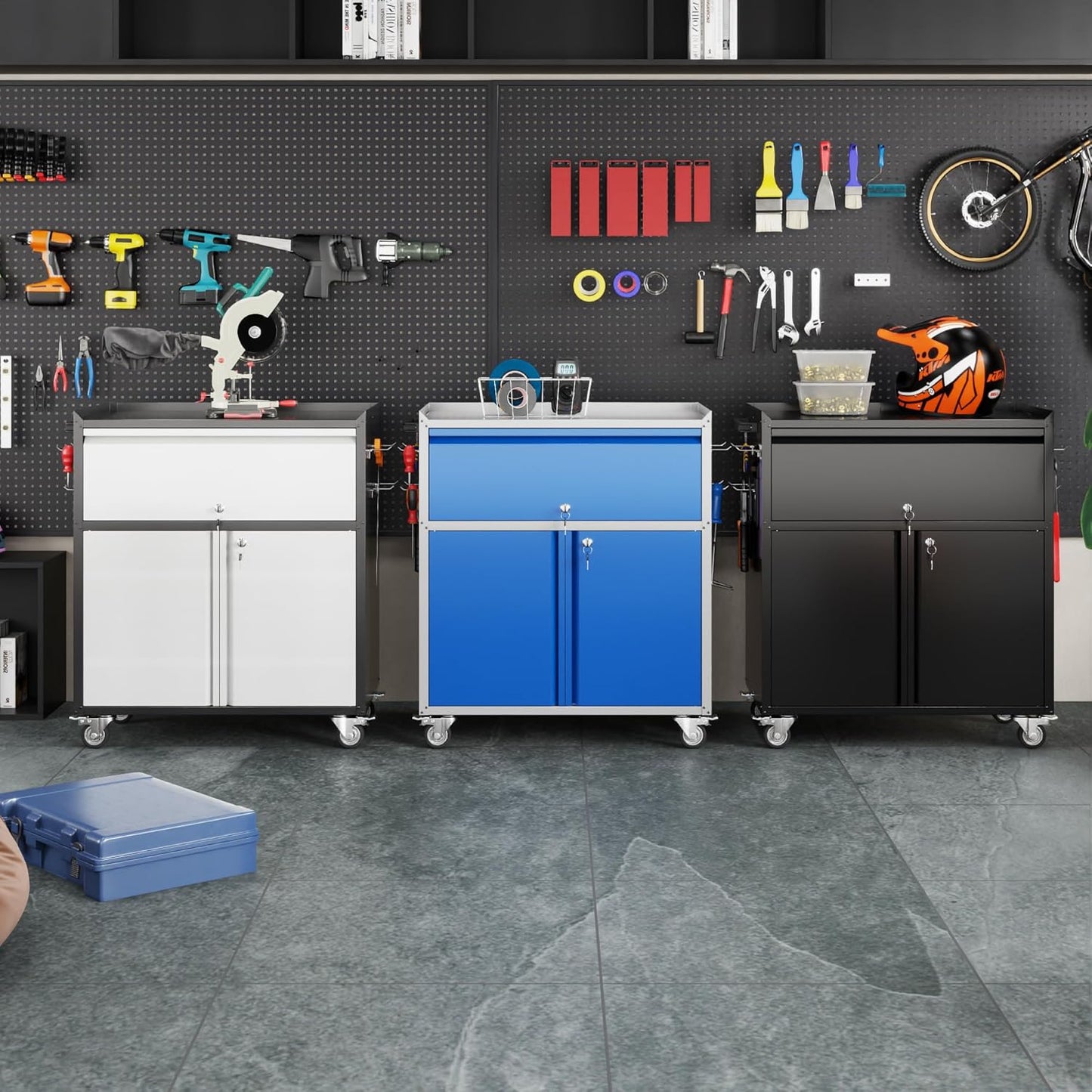 Aobabo Metal Garage Cabinet on Wheels with 1 Drawer,Assembly Required | 18.11"D x 30.31"W x 35.43"H with pegboard, 4 hooks, lockable drawer and doors, adjustable shelf, handle, and 4 casters