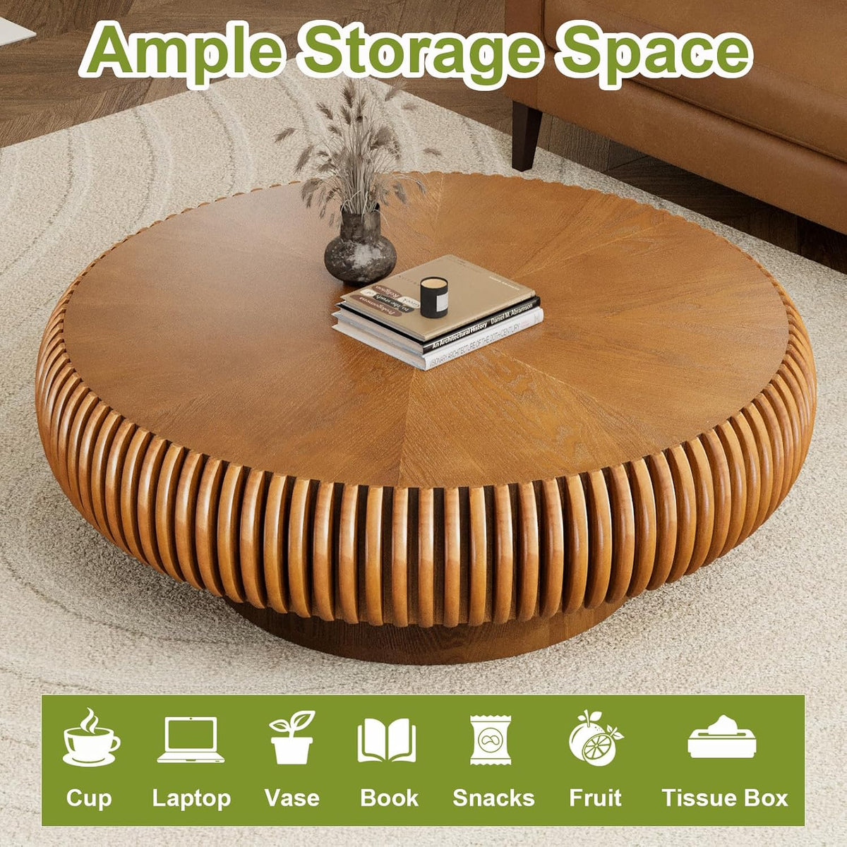 39 inch Brown Round Fluted Wood Drum Coffee Table (J, 1PC)