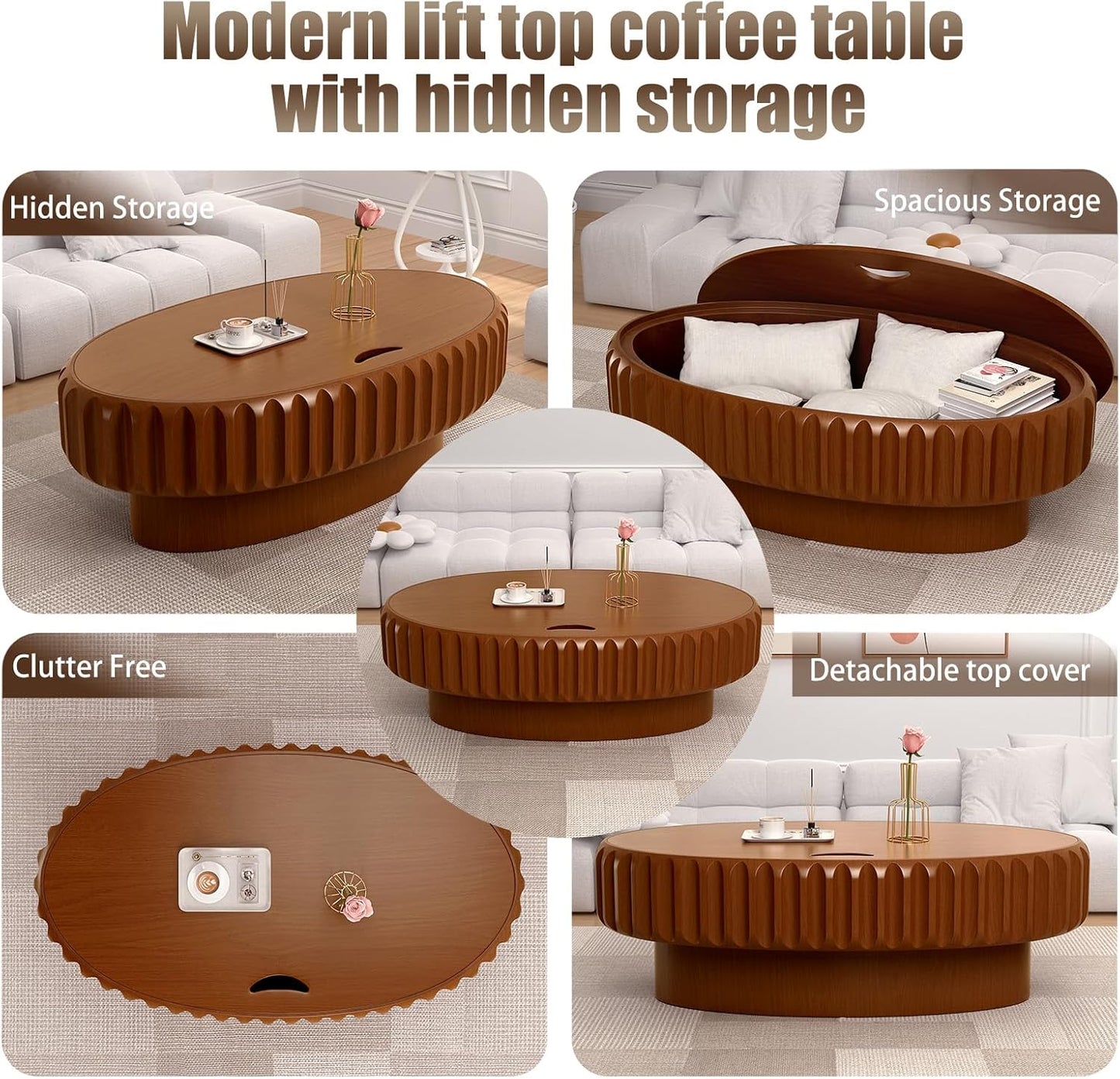 43.3" Oval Fluted Coffee Table with Hidden Storage (Brown 43.3) | Oval Wooden Coffee Table with Solid Wood Veneered, Gear Center Table, Drum Tea Table for Living Room Apartment