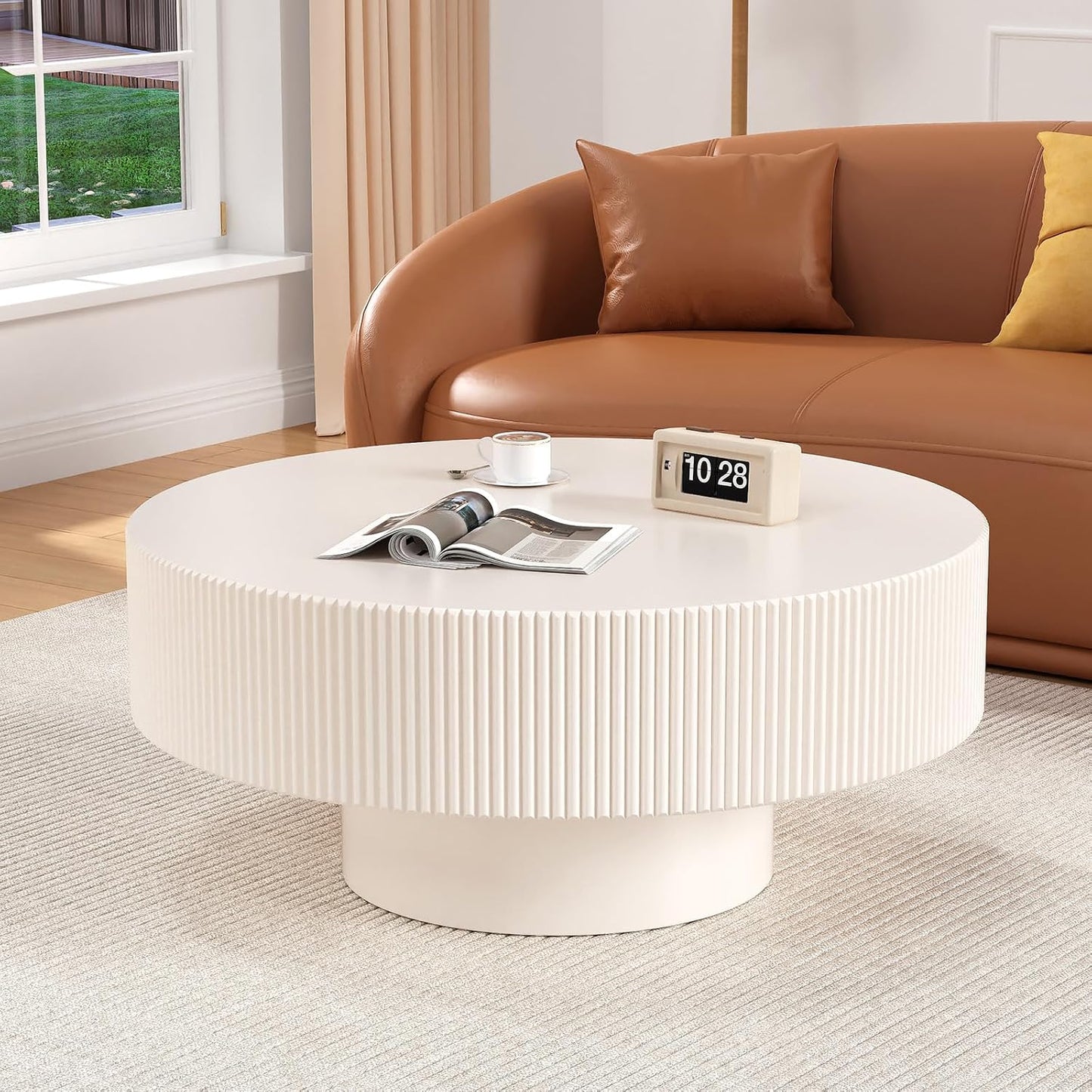 White Round Fluted Coffee Table for Living Room (Ivory White Thick Desktop) | Handcrafted Relief Edges, Mid Century Modern, Circular Drum Coffee Table, Center Tables for Office Outdoor