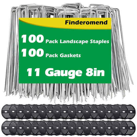 100 Pack Landscape Staples and 100 Pack Gaskets,8" 11 Gauge Galvanized Steel Garden Staples with Black Pads,Landscape Pins Turf Staples for Securing Weed Barrier Fabric Artificial Grass