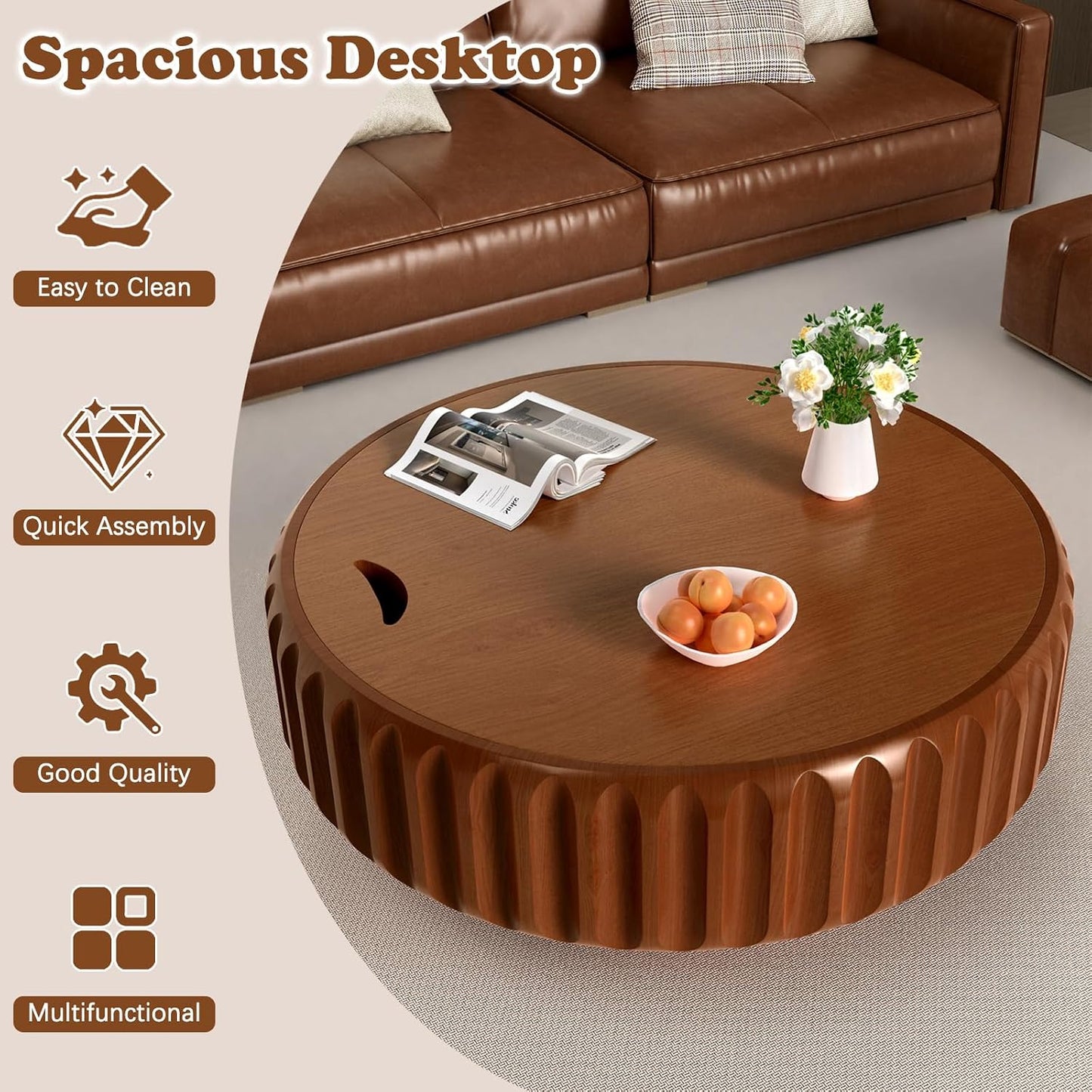 Round Coffee Table with Storage (Brown 31.5") | Handcraft Fluted Drum, Modern Circle Wooden Coffee Table, Cocktail Table for Living Room, Home Office Apartment