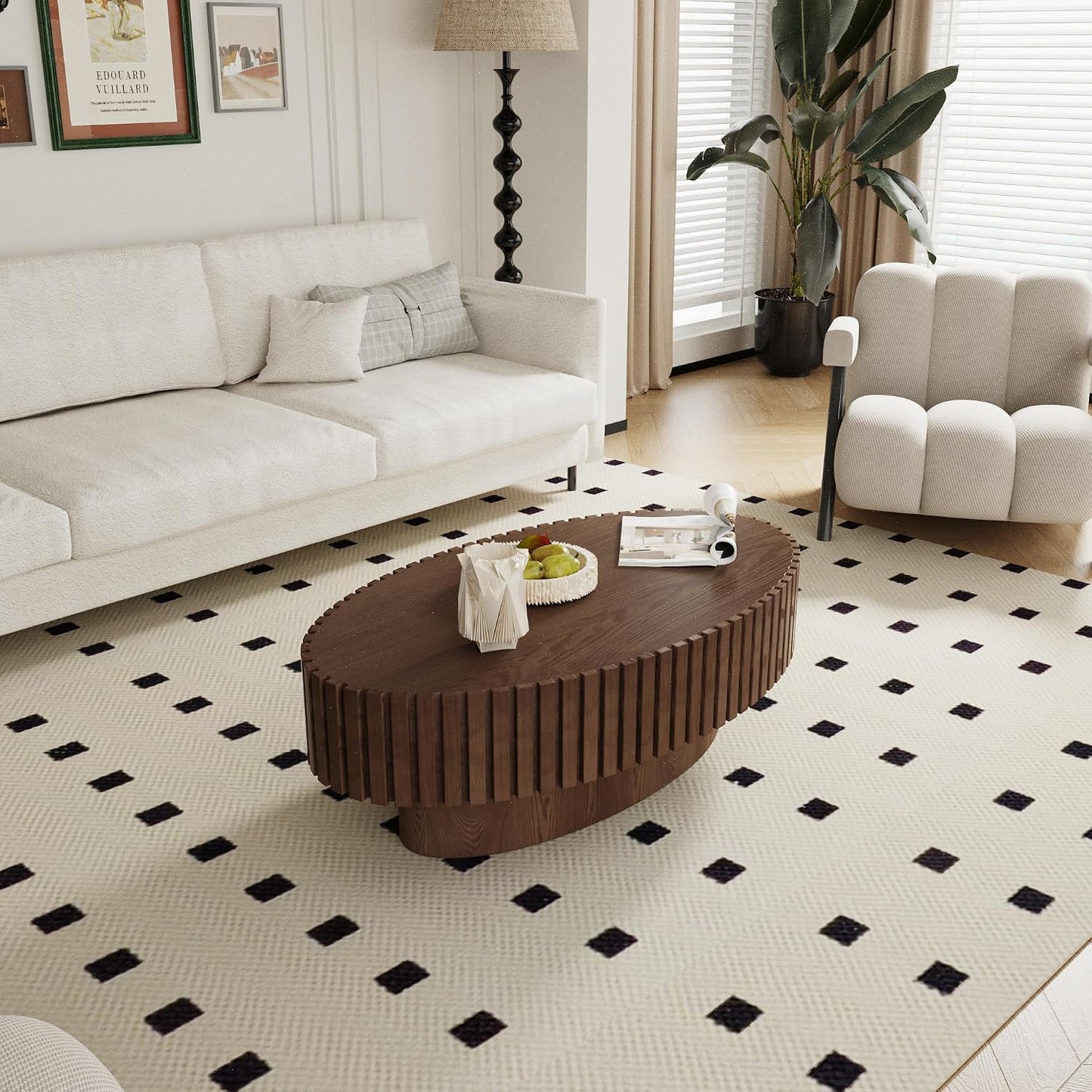 Oval Fluted Coffee Table (Oval Brown 43.3in) | Drum Coffee Tables for Living Room | Modern Pedestal Center Table