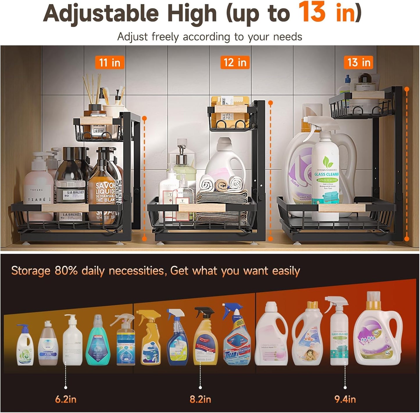 Sevenblue 2 Packs Under Sink Organizer, Height Adjustable 2 Tier Under Kitchen Sink Organizer, Multi-Purpose Storage Shelf for Kitchen Bathroom Cabinet (Black, Large)