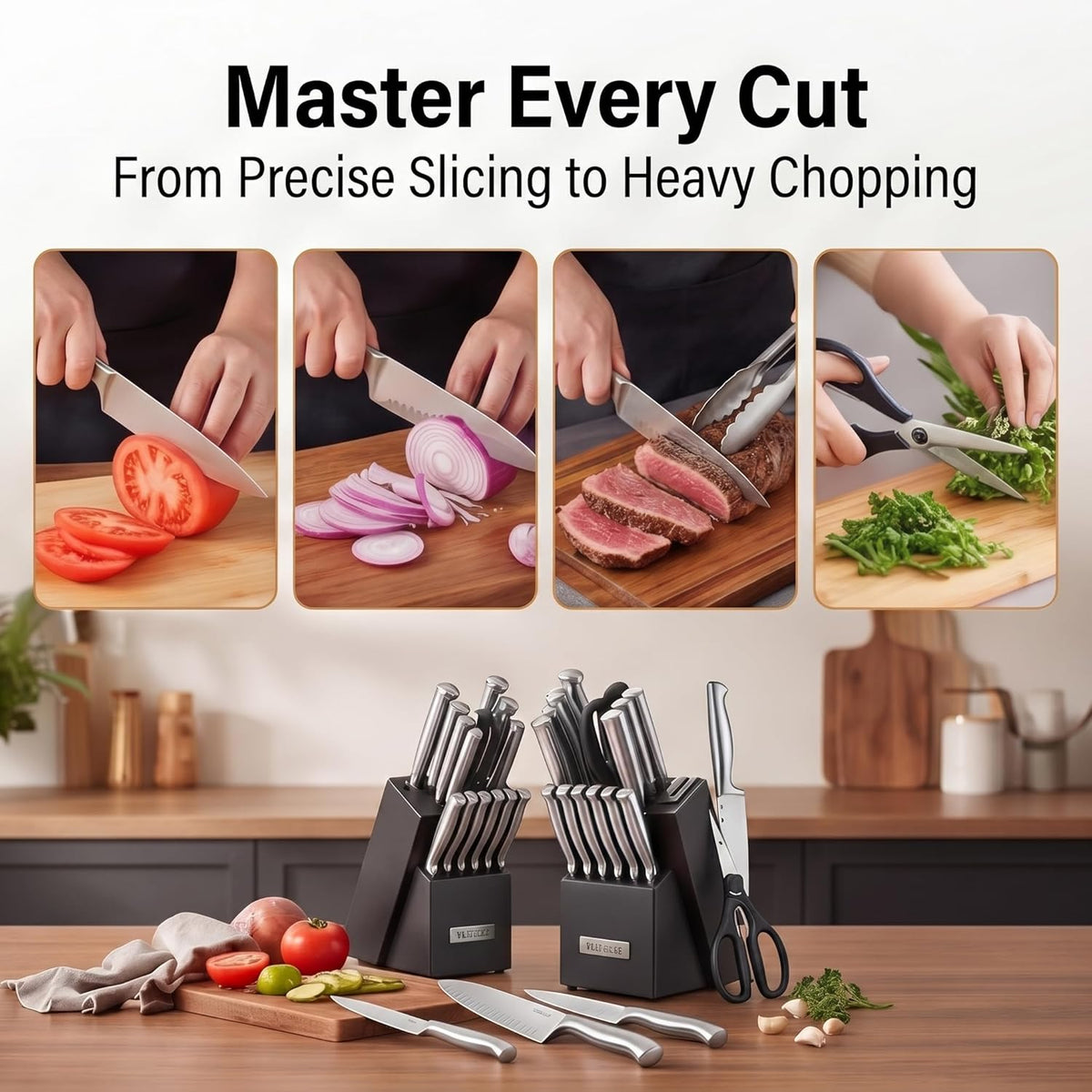 McCook® Knife Sets, German Stainless Steel Knife Block Sets with Built-in Sharpener, 15 Piece Chef Knife and More, Razor Sharp, Restaurant Grade, Anti-Rust, Elegant Box for Gift