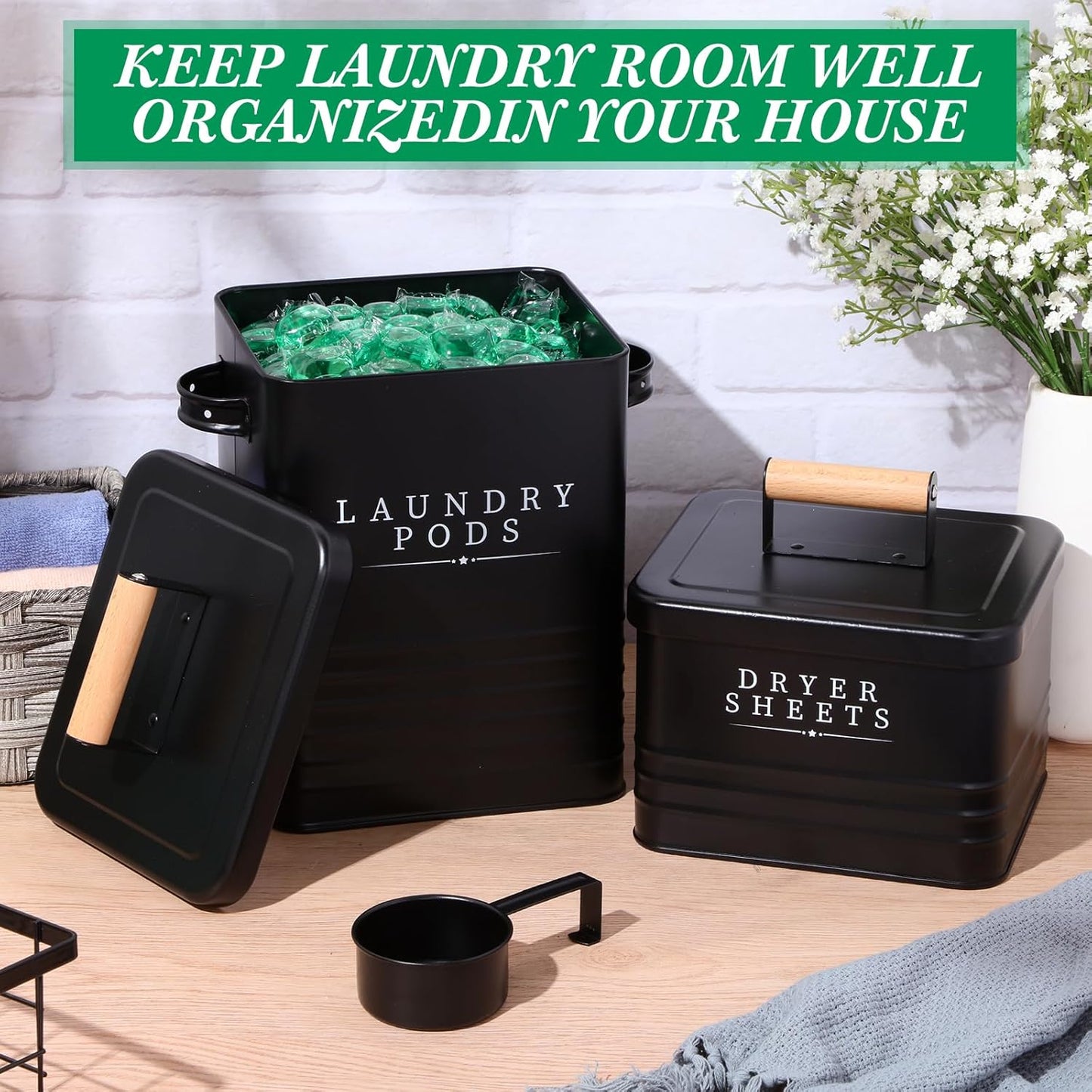 Yaocom 2 Pcs Laundry Pod Container with Dryer Sheet Holder Farmhouse Laundry Room Decor Organization and Storage Detergent Container Box with Lid Handle Metal Dryer Sheet Dispenser(Black)
