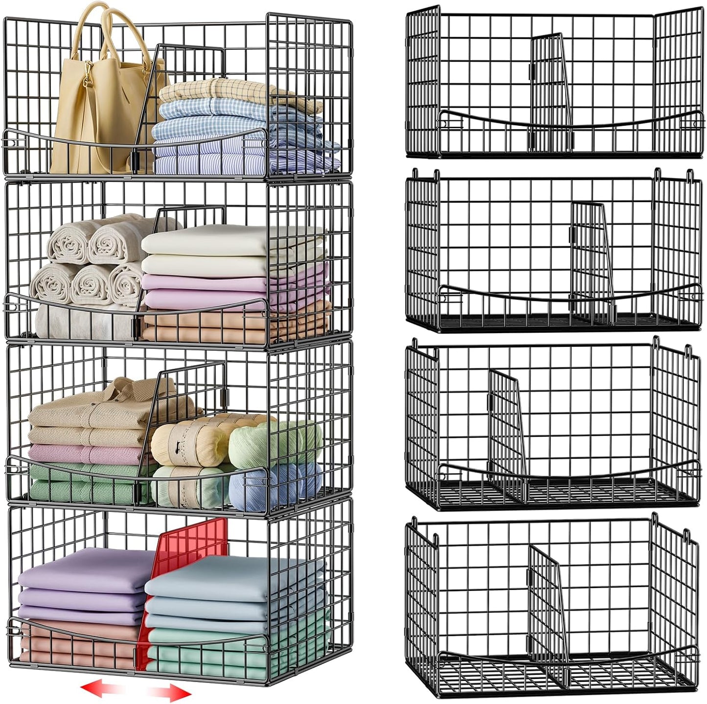 Hongtamoya 4-Tier Closet Organizers and Storage Basket with Divider, Foldable Closet Shelf Organizer System, Space-Saving Clothes Storage Drawer Organizer Bins for Wardrobe Cupboard, Black
