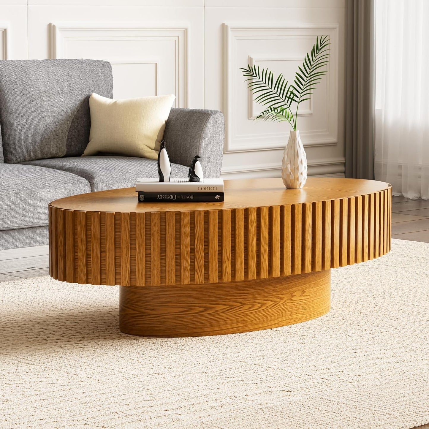 Light Brown Oval Fluted Coffee Table for Living Room (43"Oval Natural) | Handcrafted Relief Wood, Drum Coffee Table for Office Outdoor