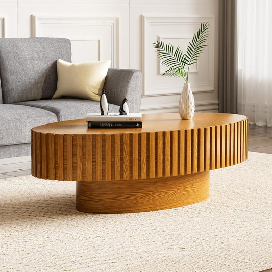 Light Brown Oval Fluted Coffee Table for Living Room (43"Oval Natural) | Handcrafted Relief Wood, Drum Coffee Table for Office Outdoor