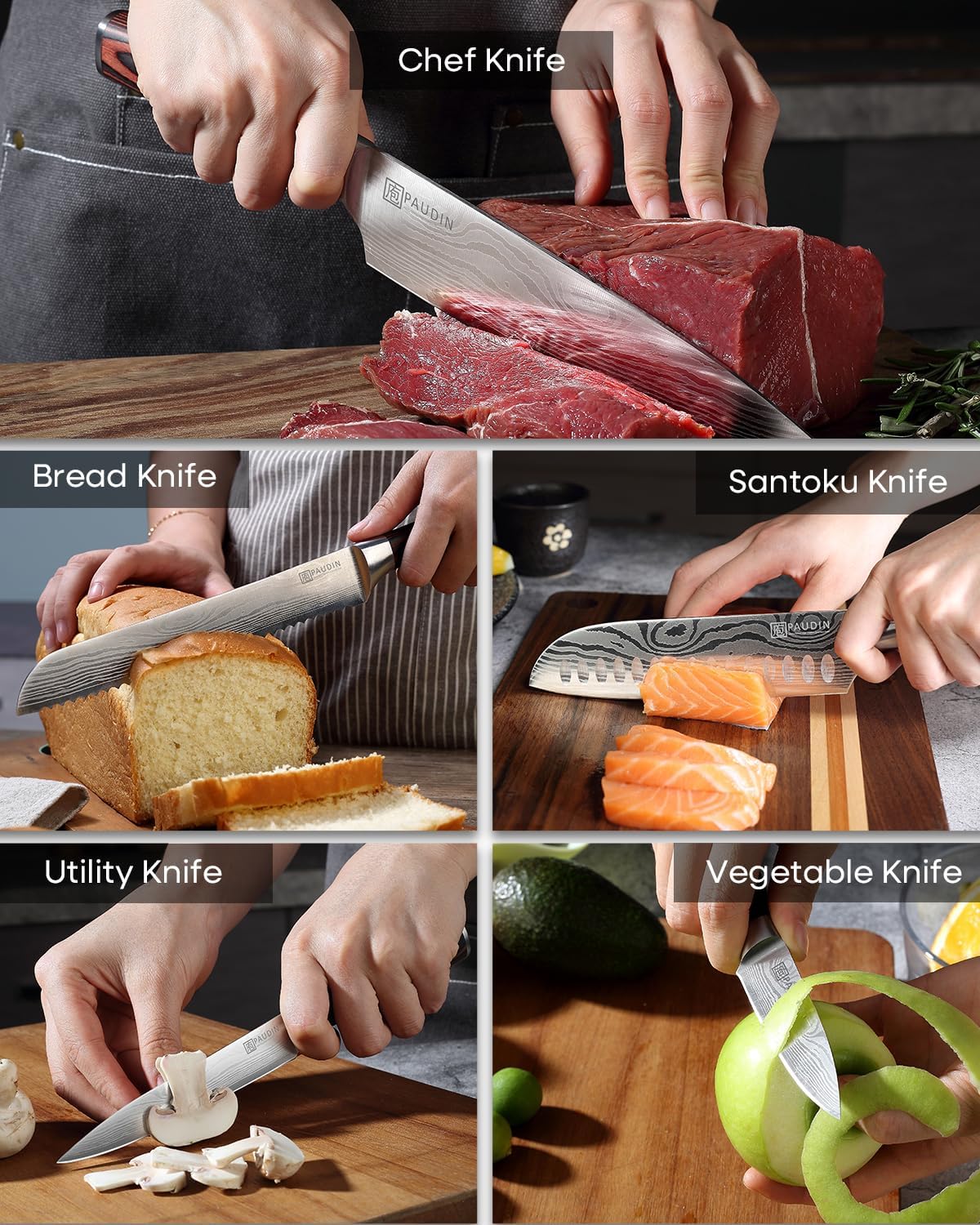 PAUDIN Knife Set, 5PCS Kitchen Knife Set without Block, Stainless Steel Chef Knife Set with Pakkawood Handle, Professional Kitchen Gift Sets for Cooking Lovers & Farther's Day