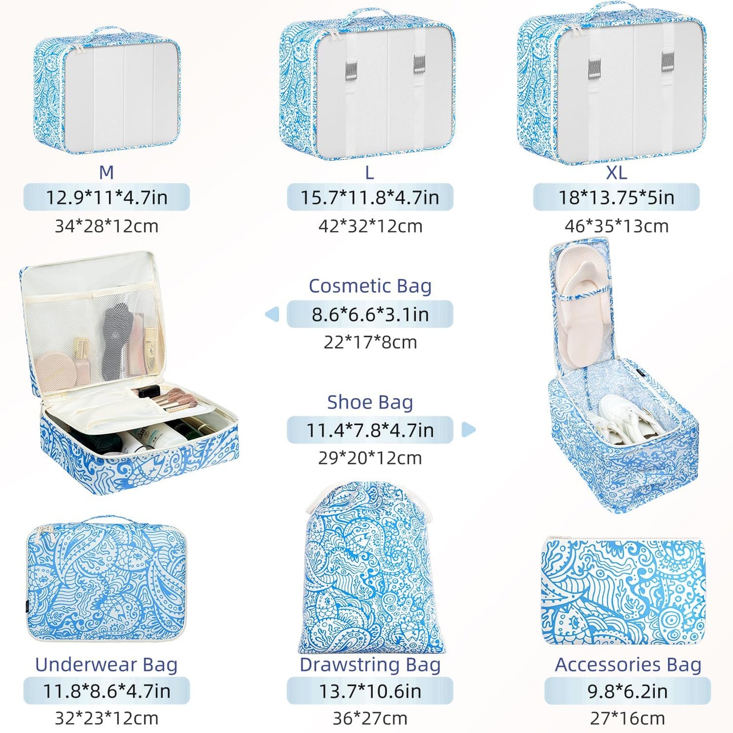 BAGAIL 8 Set Packing Cubes Luggage Packing Organizers for Travel Accessories-Blue paisley