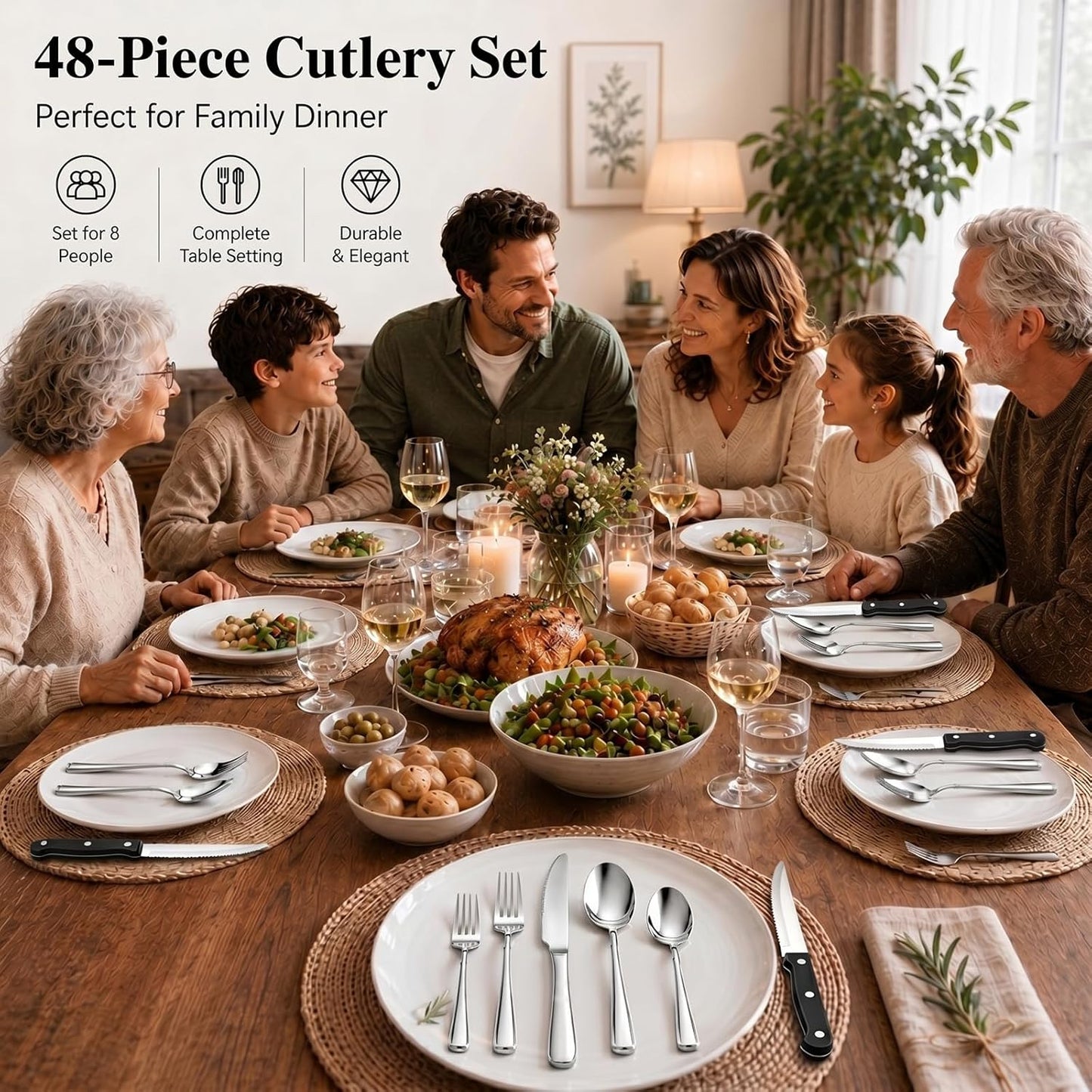 49-Piece Silverware Set with Organizer, Stainless Steel Flatware Utensils Set for 8, Forks and Spoons Silverware Set Cutlery Set with Steak Knives, Dishwasher Safe
