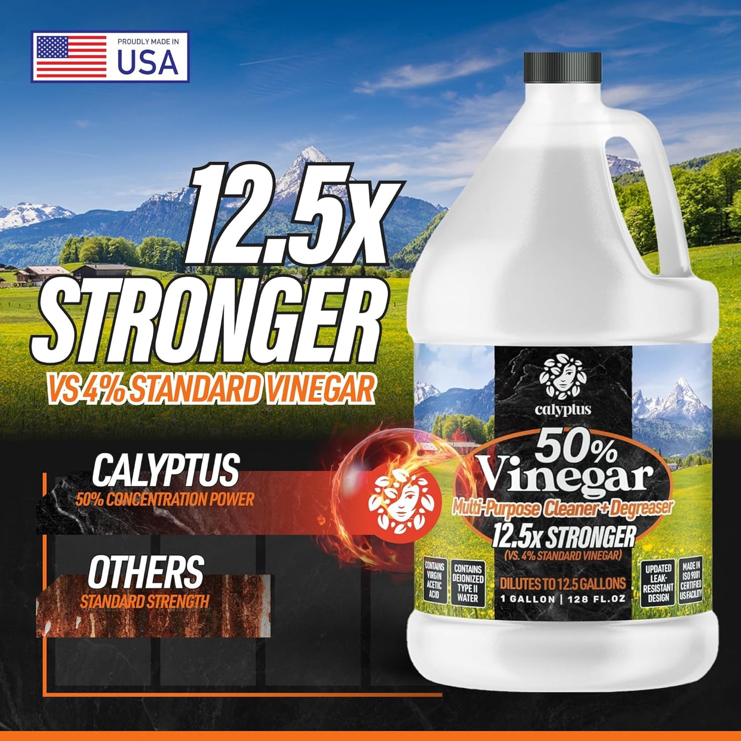 Calyptus 50% Pure Concentrated Vinegar | Maximum-Performance (12.5X) Power | Technical Grade | Dilutes Easily to 5% Acidity (1.5 Cups per Gallon) | Home and Outdoor Cleaning Concentrate | 2 Gallon