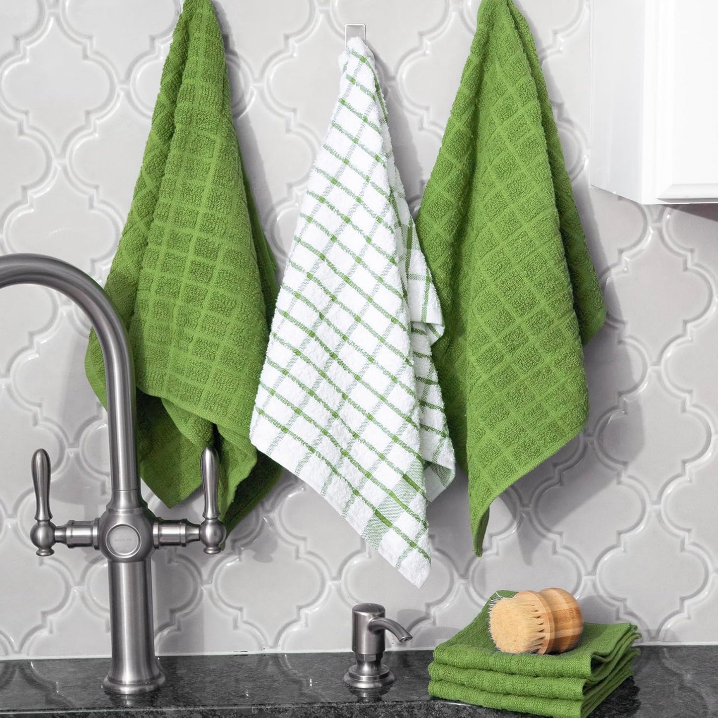 Ritz Premium Kitchen Towel and Dish Cloth Value Set: Highly Absorbent, Super Soft, Long-Lasting, 100% Cotton Checked and Solid Hand Towels, Tea Towels, Bar Towels - 6 Pack, Fluorite Green