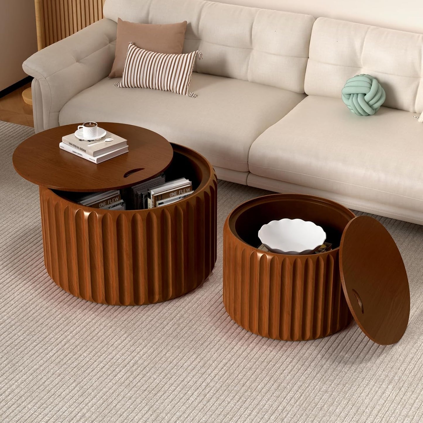 Round Nesting Coffee Table Set of 2 with Storage, No Assembly (Brown) | Wood Fluted Coffee Table Modern Drum Accent Tea Center Table Side End Table for Living Room, Bedroom, Small Space