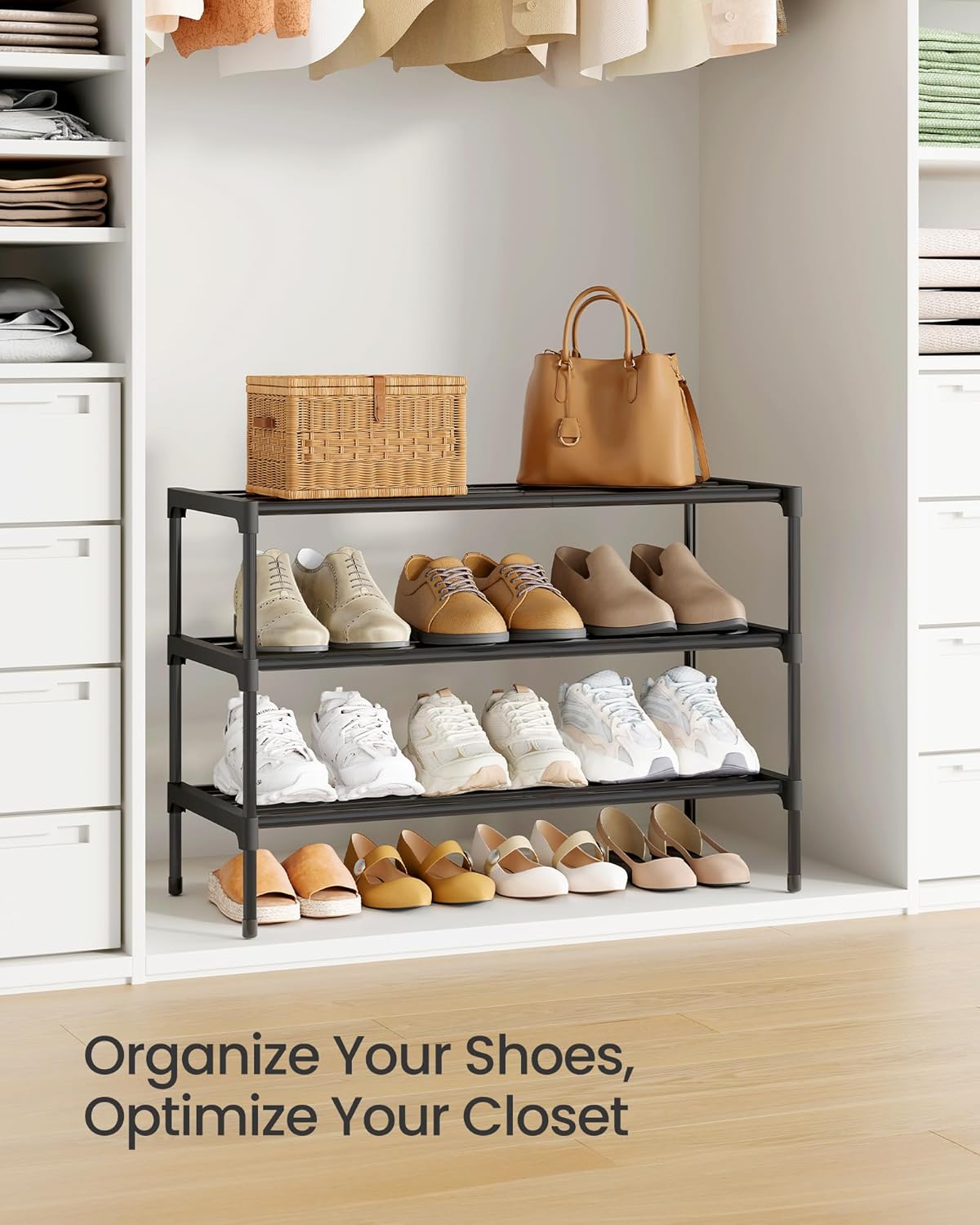 SONGMICS 3-Tier Shoe Rack for Closet, Compact Metal Shoe Organizer Shelf for Entryway, Bedroom, Small Spaces, Stackable, 11.8 x 24.5 x 19.1 Inches, Black ULSA123BH01
