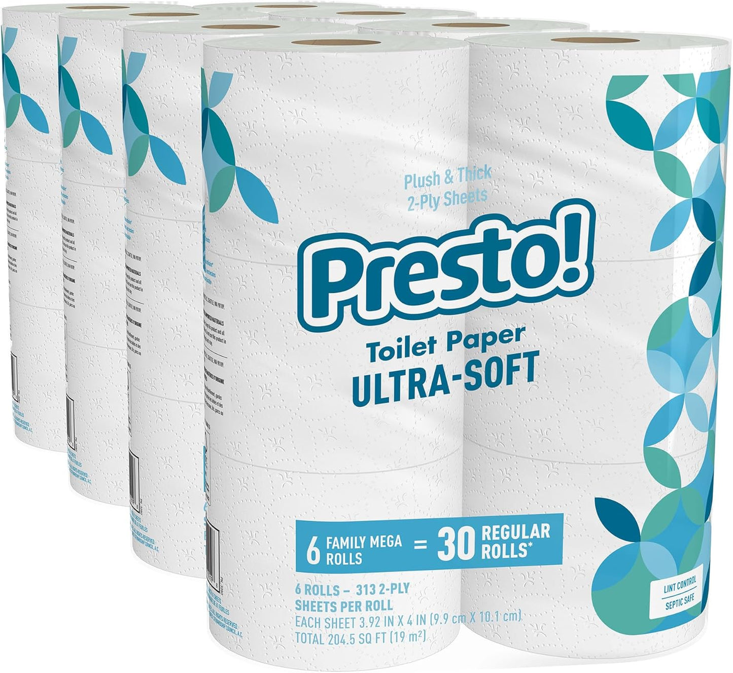 Amazon Brand - Presto! 2-Ply Ultra-Soft Toilet Paper, 12 Family Mega Rolls = 60 Regular Rolls, Unscented, 313 Sheets Per Roll