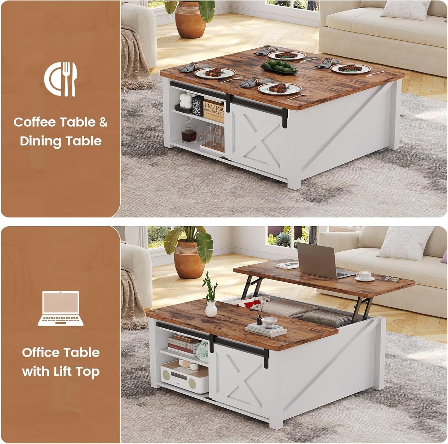 SEDETA 31.5" Lift Top Coffee Table with Storage, Square Coffee Tables for Living Room, Farmhouse Coffee Table with Large Hidden Storage Compartment and Adjustable Shelves, White