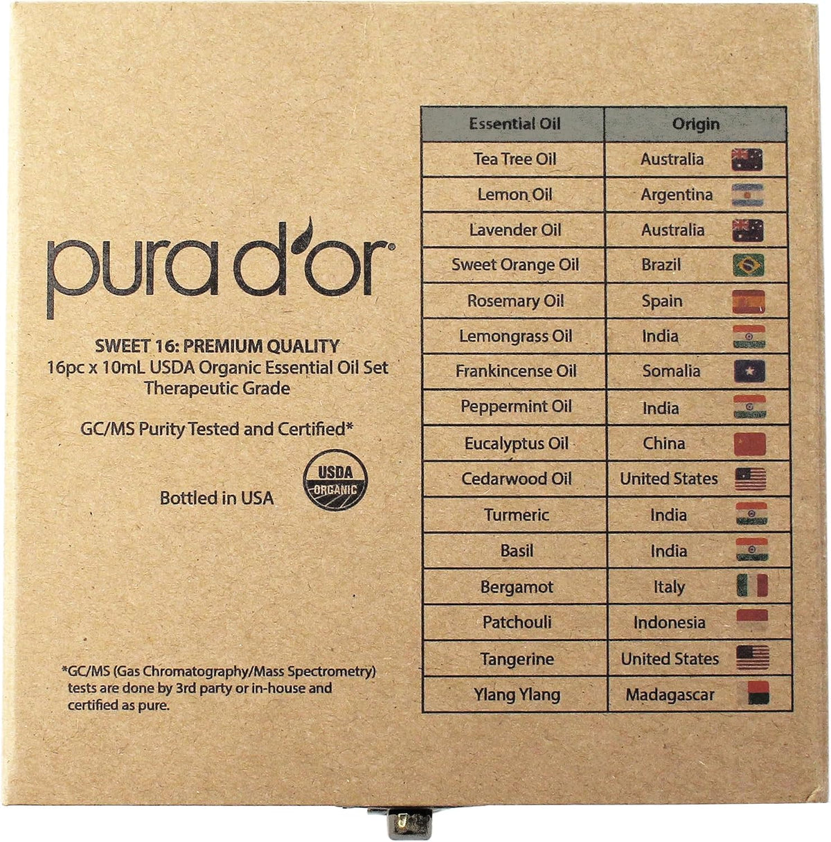 PURA D'OR Organic Sweet16 Essential Oils Aromatherapy Box Set, 10mL x16