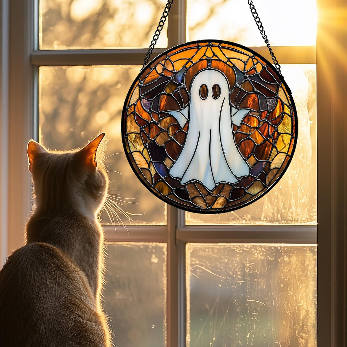DASTOLL Stained Glass Window Hanging Halloween White Horror Ghost Large 11.8" - Suncatcher Door Garden Kitchen Sun Catcher Home Gothic Decor Birthday for Mom Men Woman Friend Grandma