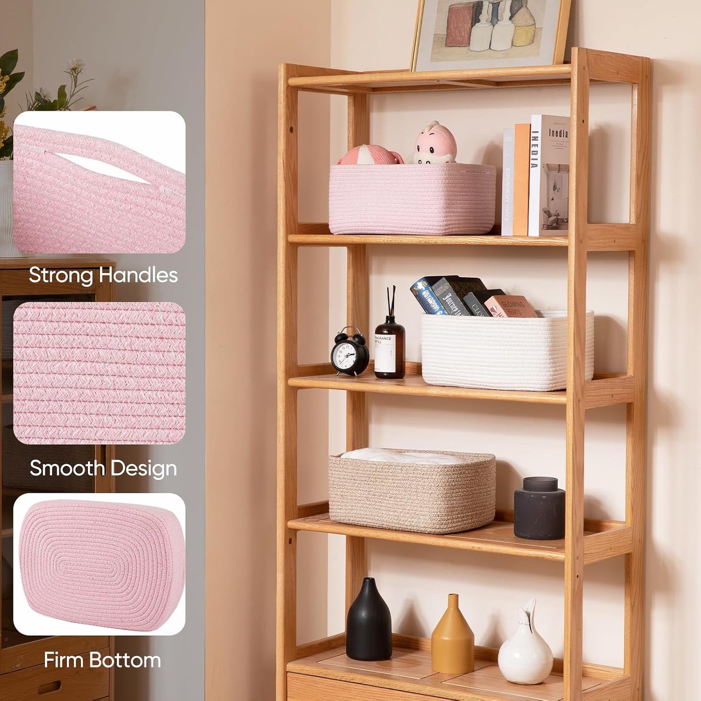 OIAHOMY 4 Pack 14.17 * 11.02 * 6.3IN Storage Baskets for Organizing Shelves, Woven Rope Baskets for Organizing Books, Clothes, Decorative Basket for Living Room, Nursery, Bedroom, Gift Basket, Pink