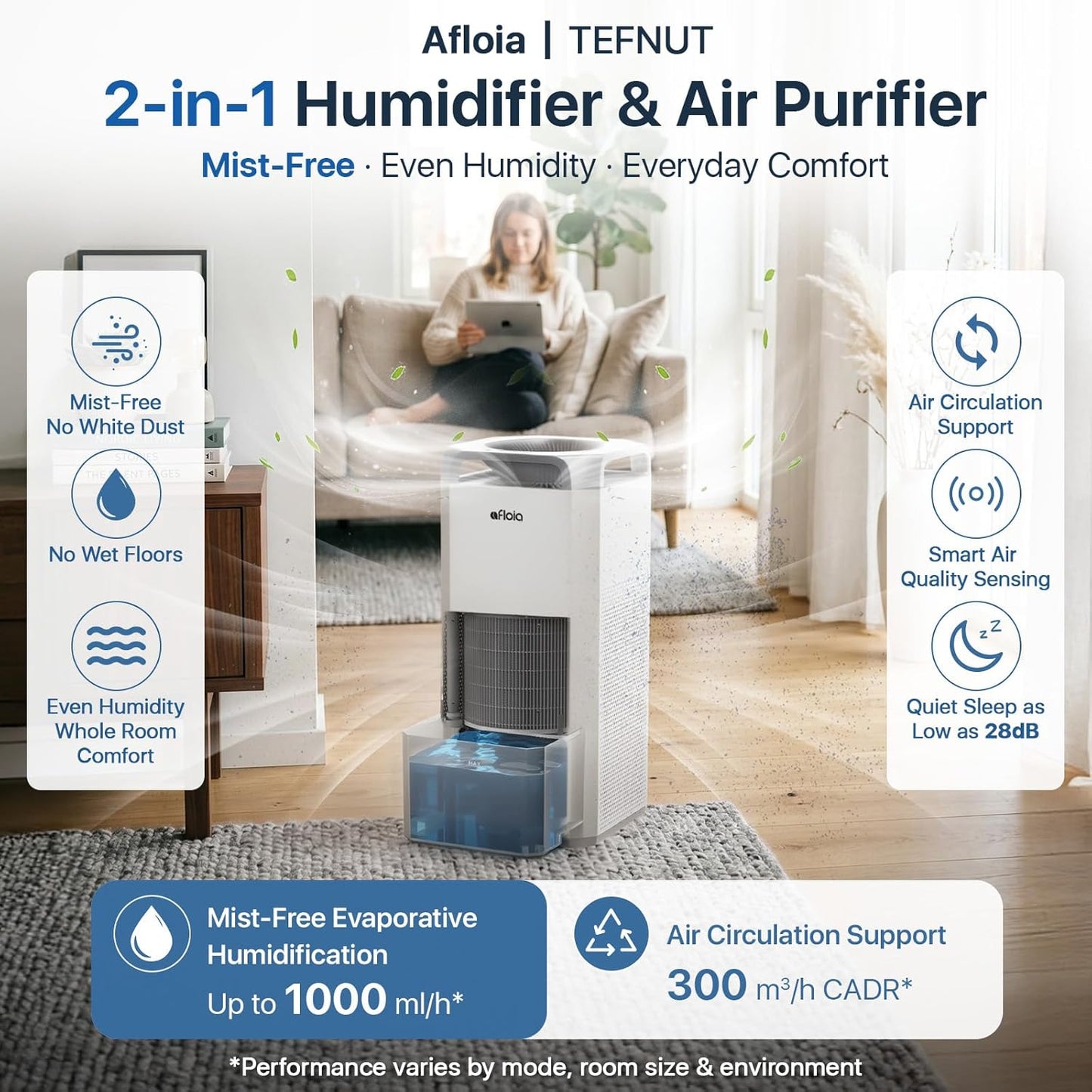 Afloia Humidifier for Bedroom & Large Room – Mist Free Evaporative Humidifier and Air Purifier in One with 4-Way Airflow, Top Fill Design, Quiet Sleep Mode, Up to 20H Runtime, Auto Humidity Control
