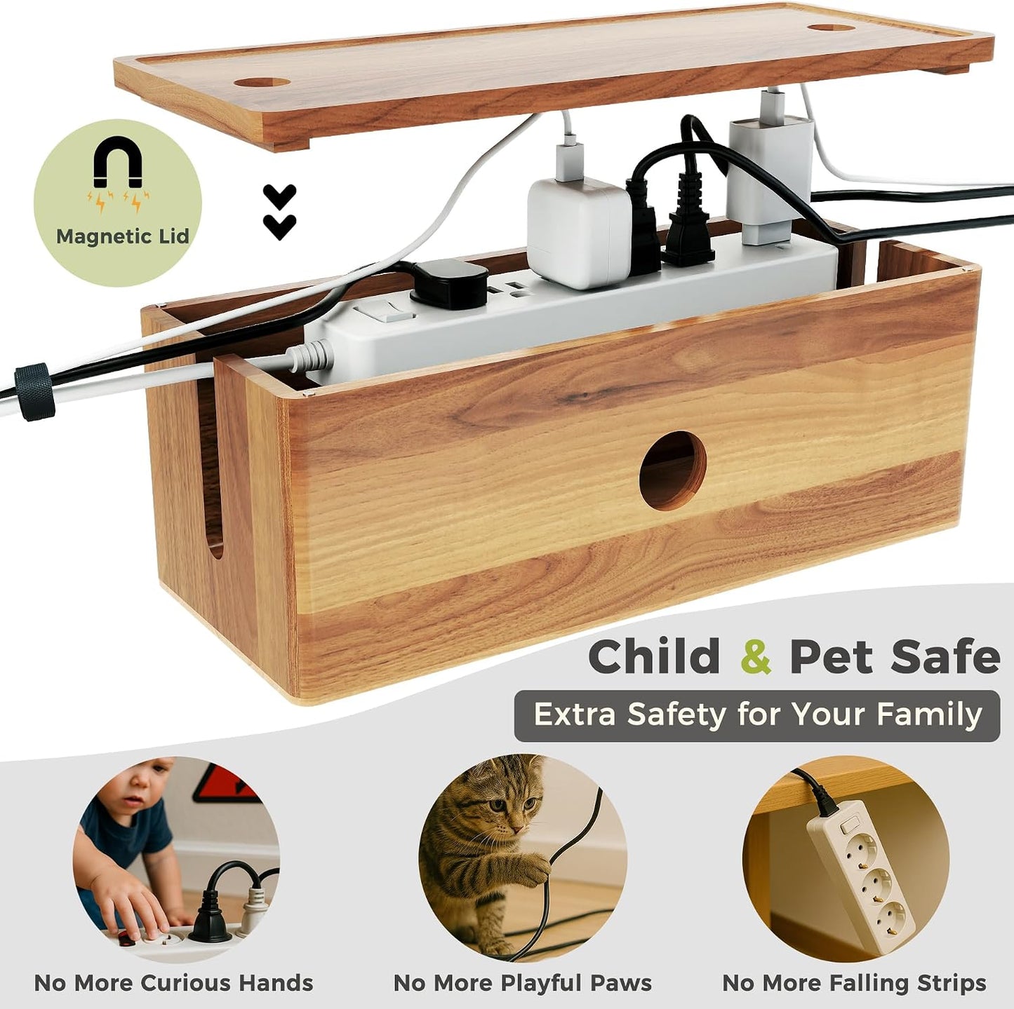 Large Cable Management Box Acacia Wood Cord Organizer Power Strip & Cables | Acacia Wood Cable Hider; Large Electrical Cord Storage; Hide TV Wires & Power Strips; Rustic Style; Home Office & Living Room