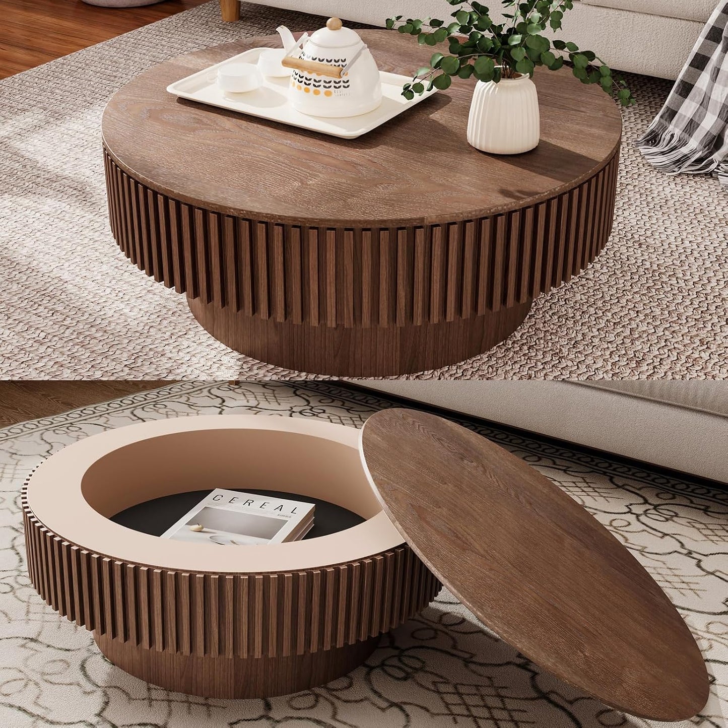 31.5" Round Coffee Table with Hidden Storage Compartment, Modern Handcraft Fluted Drum Coffee Table, Wooden Circle Center Table Cocktail Tea Table with Sturdy Pedestal for Living Room, Walnut