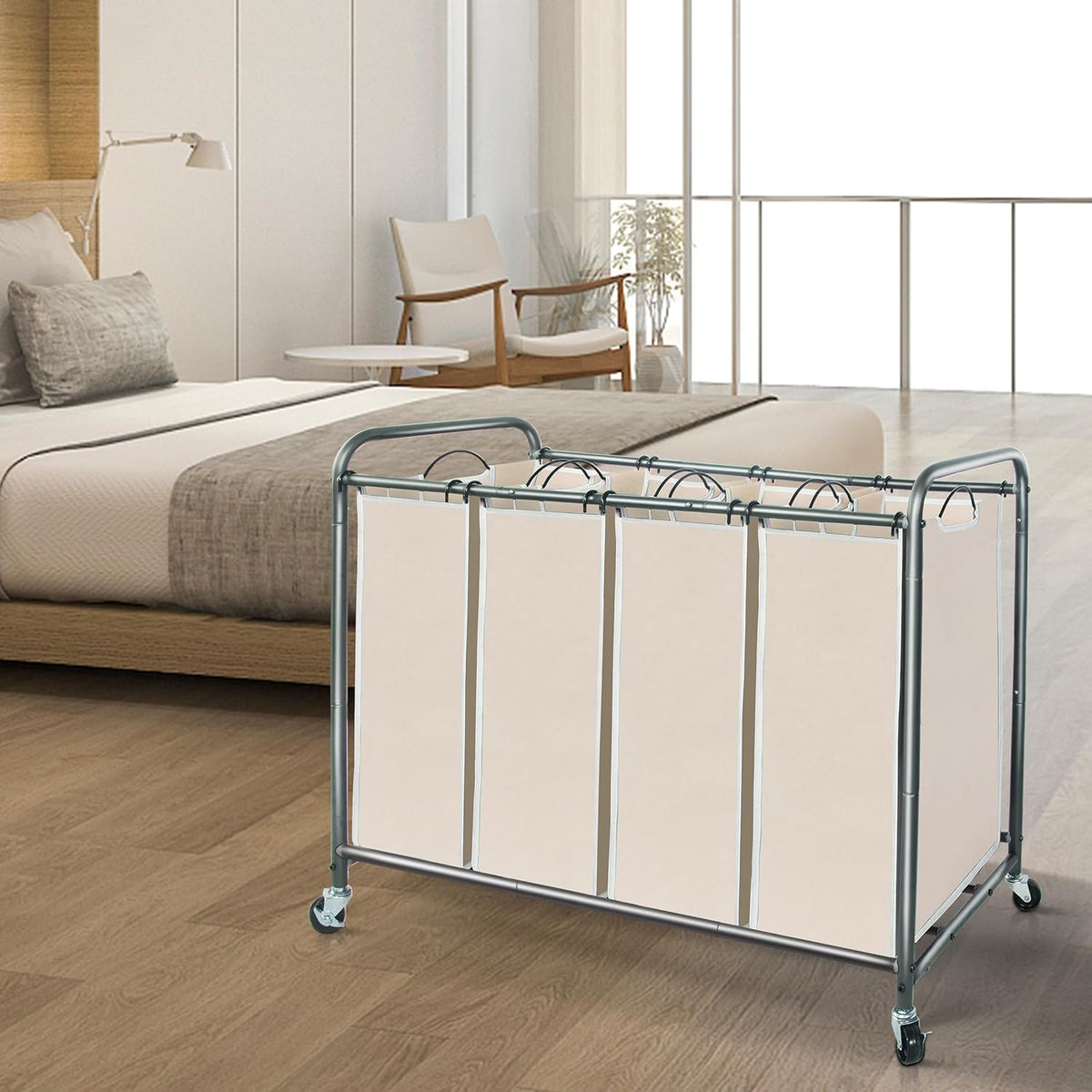 STORAGE MANIAC Laundry Sorter 4 Section, 47.8 Gal (181 L) Laundry Hamper with Wheels, Clothes Divider Basket Sorter, Clothes Separator Hamper Cart with Wheels and Removable Bags, Beige