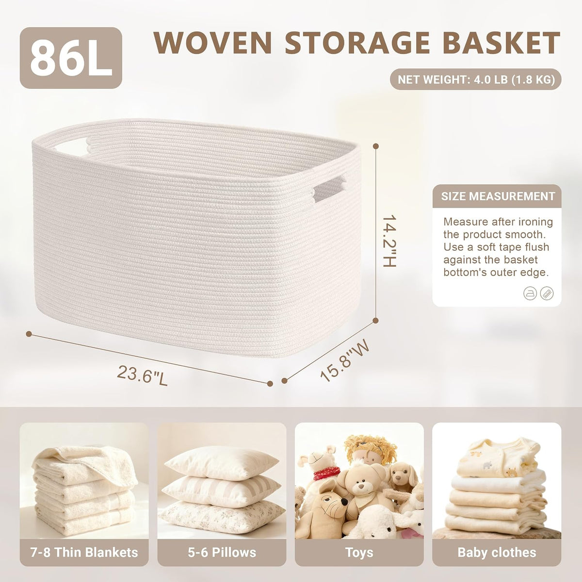 86L Large Woven Laundry Basket Hamper with Handles, White