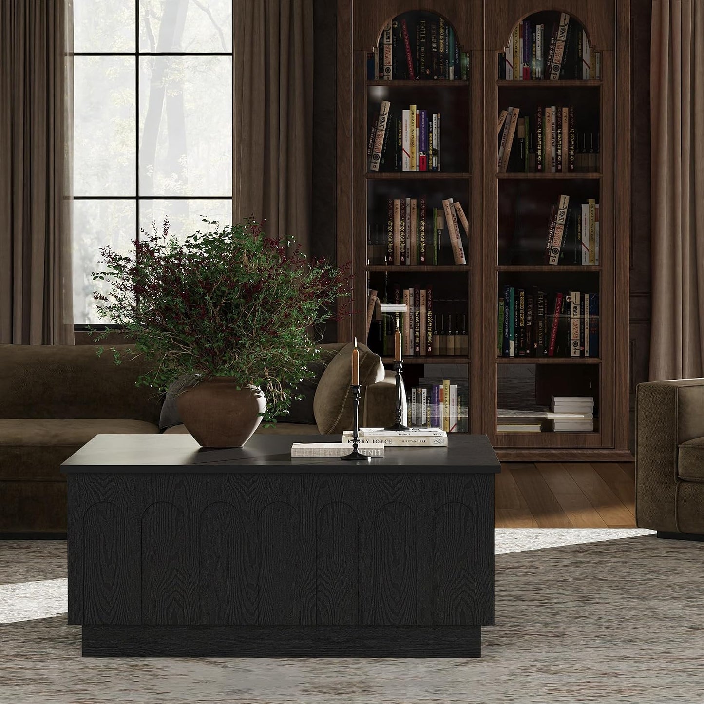 FORTUNETEC 31.5" Lift Top Coffee Table with Storage, Arched Design, Black | Modern Coffee Table, Square Tea Table, Minimalist Multifunctional Center Table, Wood Grain Texture, Living Room, Office