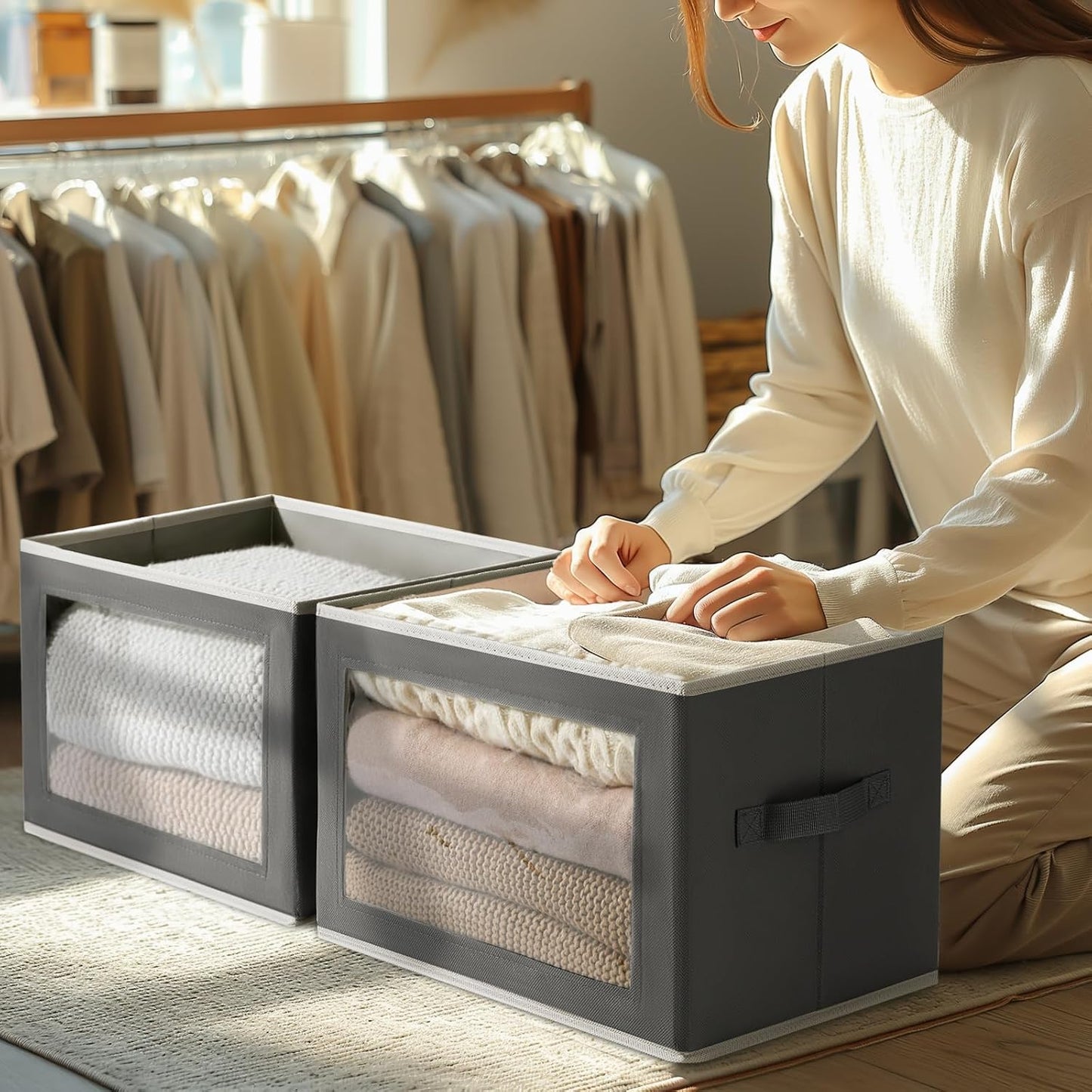 Homsorout Storage Boxes with Lids - 3 Pack Fabric Clear Window Storage Bins, Collapsible Storage Bins with Lids, Linen Closet Organizer for Clothes, Towel, Blanket, Dark Grey