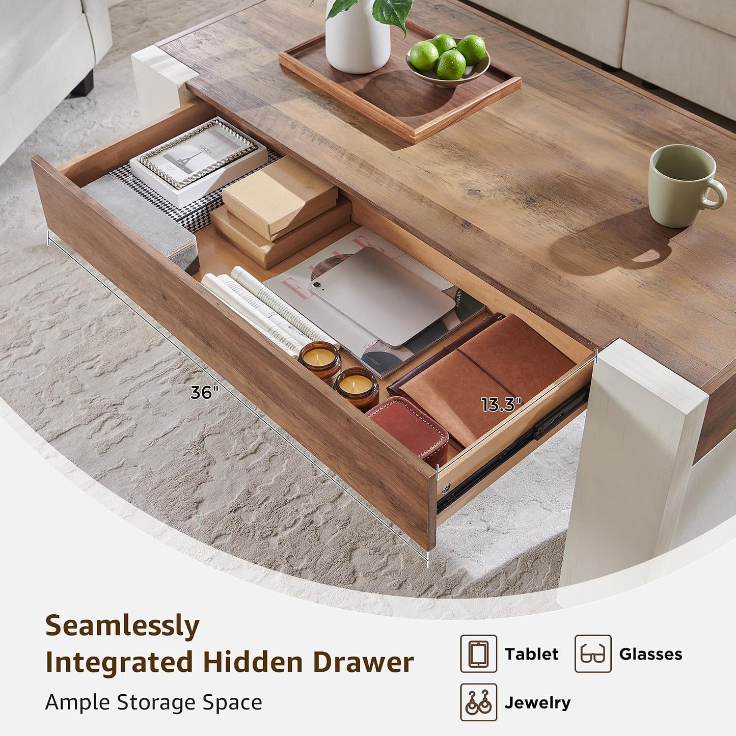 OKD 48" Modern Coffee Table with Hidden Storage Drawer,Antique White | Wood Thick Design, Rustic Rectangular Center Tables for Living Room, Office