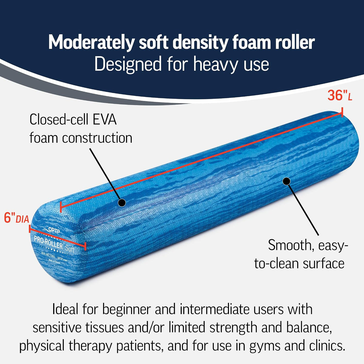OPTP PRO-Roller Soft Density Foam Roller – Round, Blue, 36" x 6"