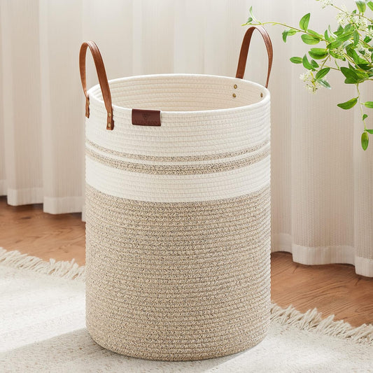 VIPOSCO 72L Tall Woven Rope Laundry Hamper, Leather Handles, Brown & White
