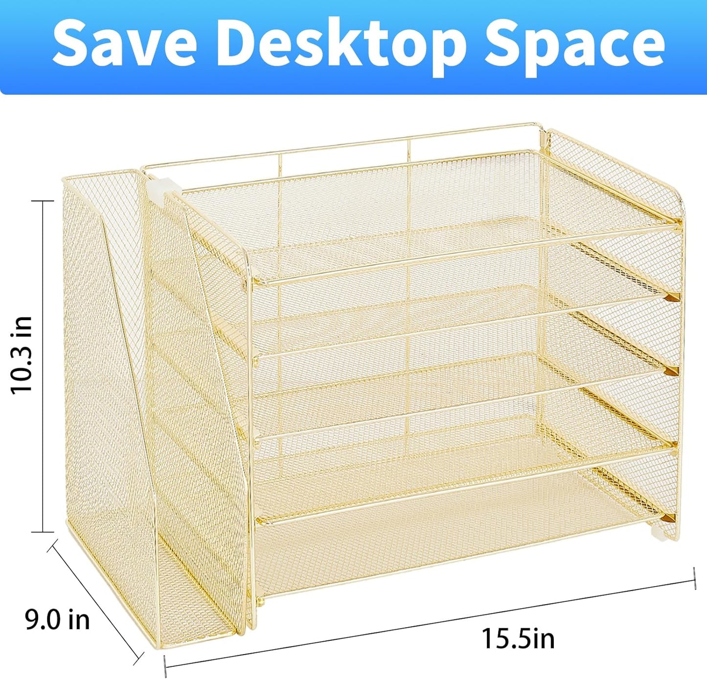 OPNICE Desk Organizer, 5-Tier Paper Organizer Letter Tray with Magazine Holder, Office Desk Accessories & Workspace Organizers, Desktop File Organizer for Office Supplies Storage, Gold