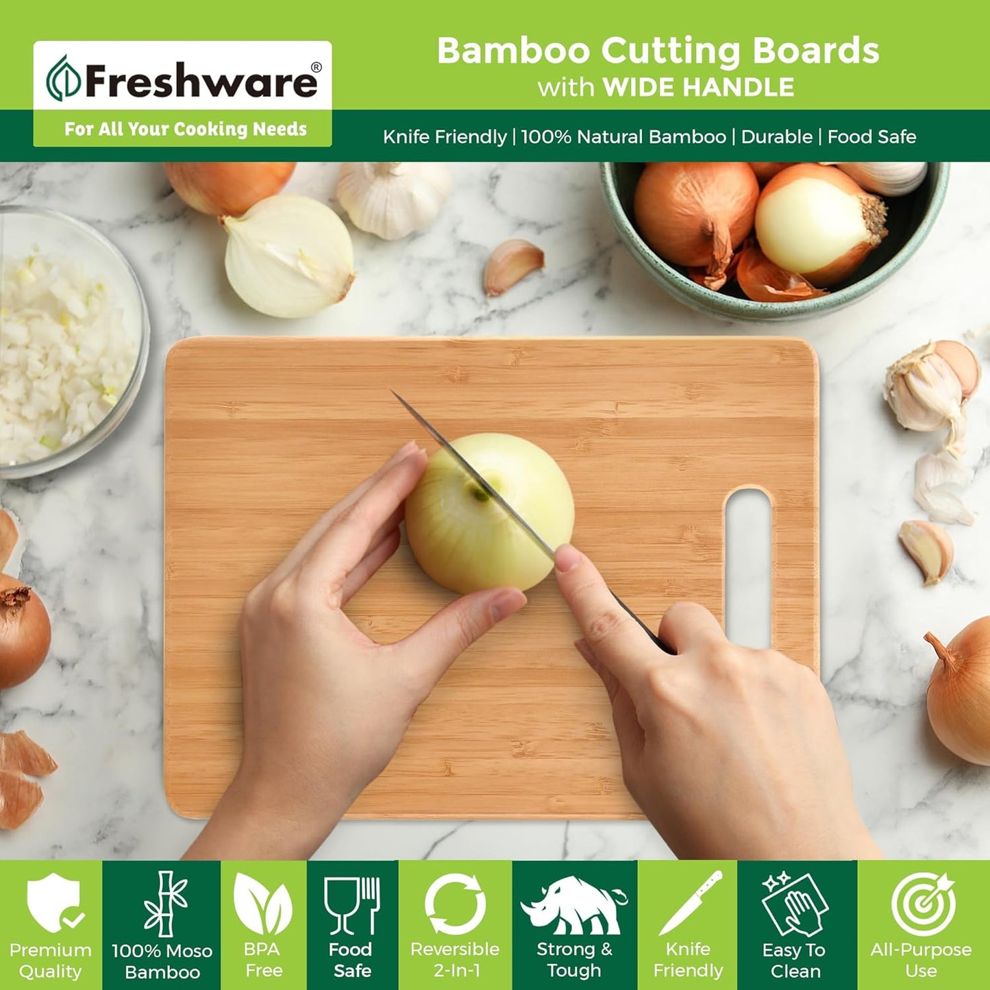 Freshware Bamboo Cutting Board Set of 3, Wooden Cutting Boards for Kitchen, Knife Friendly Food Grade Chopping Board, Lightweight with Hanging Hole for Easy Storage