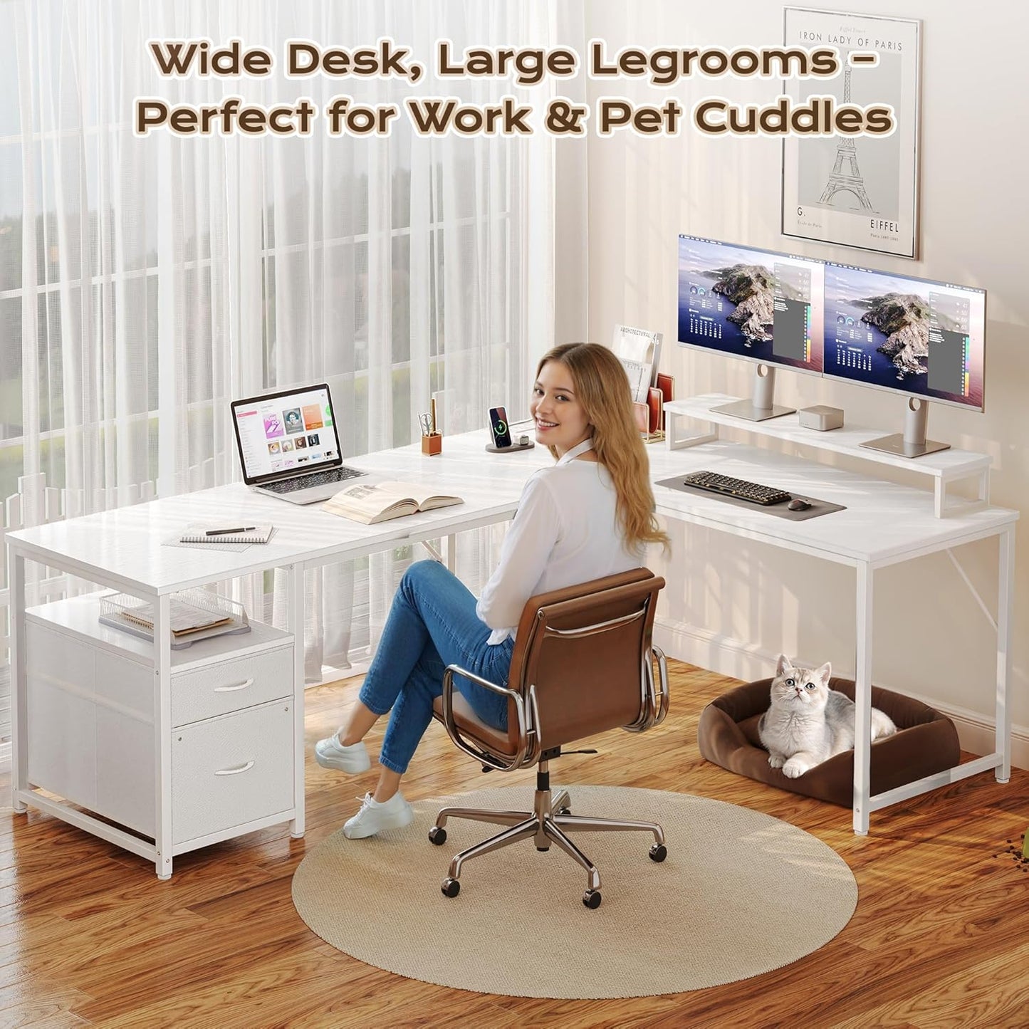 PRAISUN 63 Inch L Shaped Desk with Power Outlets and USB-C Port, Computer Corner Home Office Desk with File Fabric Drawers and Movable Monitor Stand, Larger Storage, Gaming, Writing, Work, White