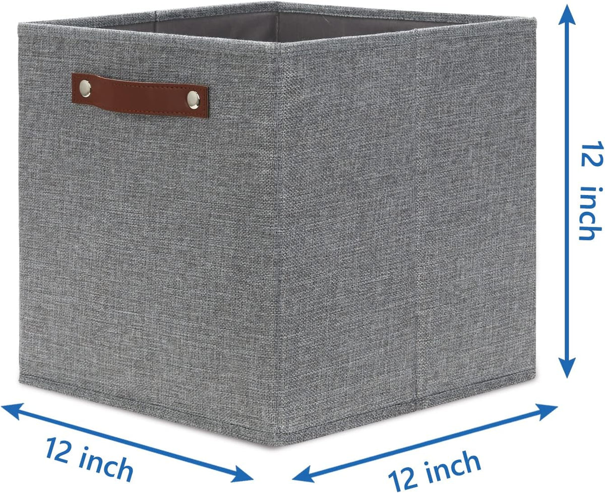 Temary 12x12 Storage Cube Bins 4 Pack Fabric Storage Cubes Storage Bins with Leather Handles, Storage Baskets Foldable Cube Organizers Bins for Home (Grey)