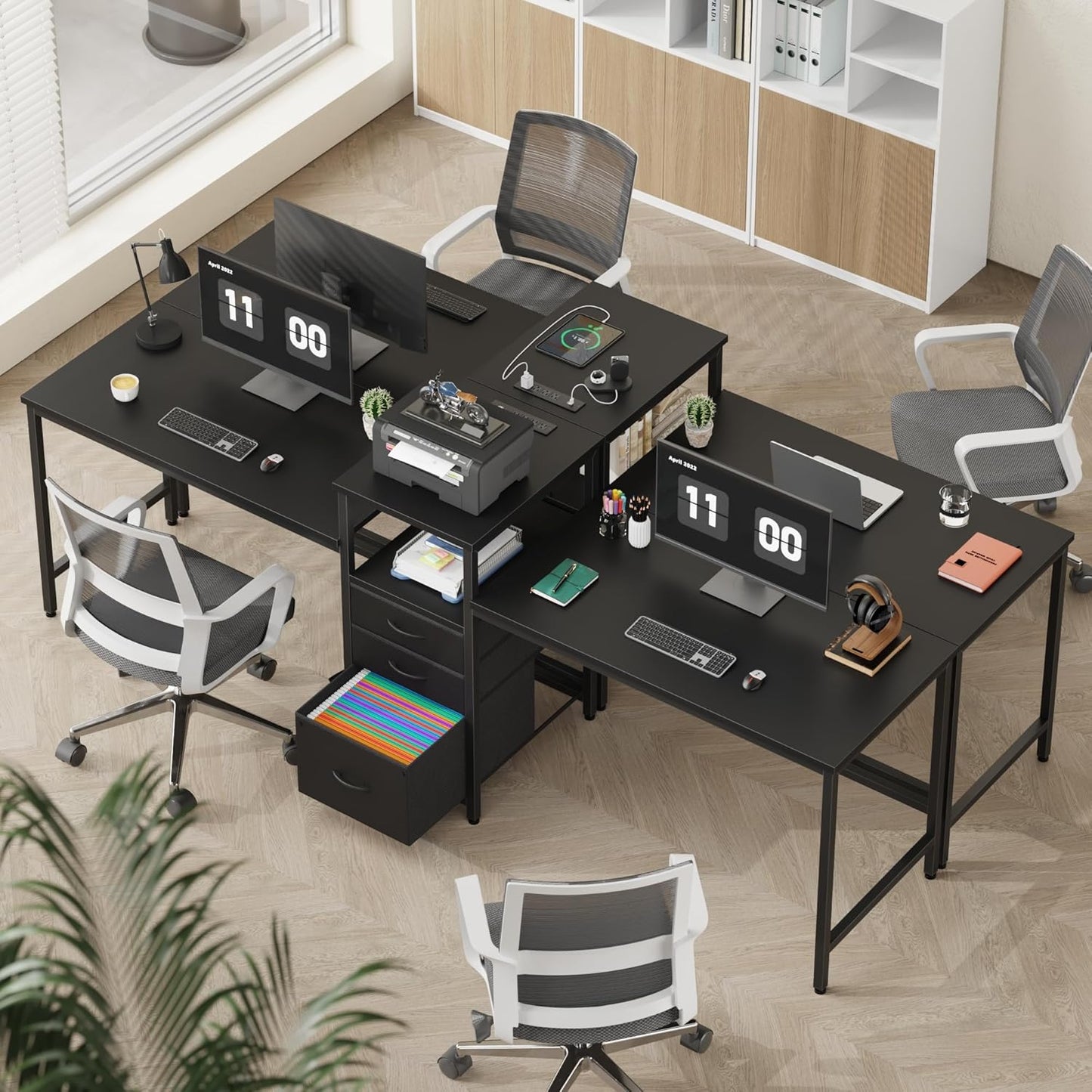 GYIIYUO 93'' Two Person Gaming Desk with Charging Station, Long Desk with 3 Drawers and Printer Shelf, Double Computer Desk, 2 Person Writing Study Table Workstation for Home Office, Black