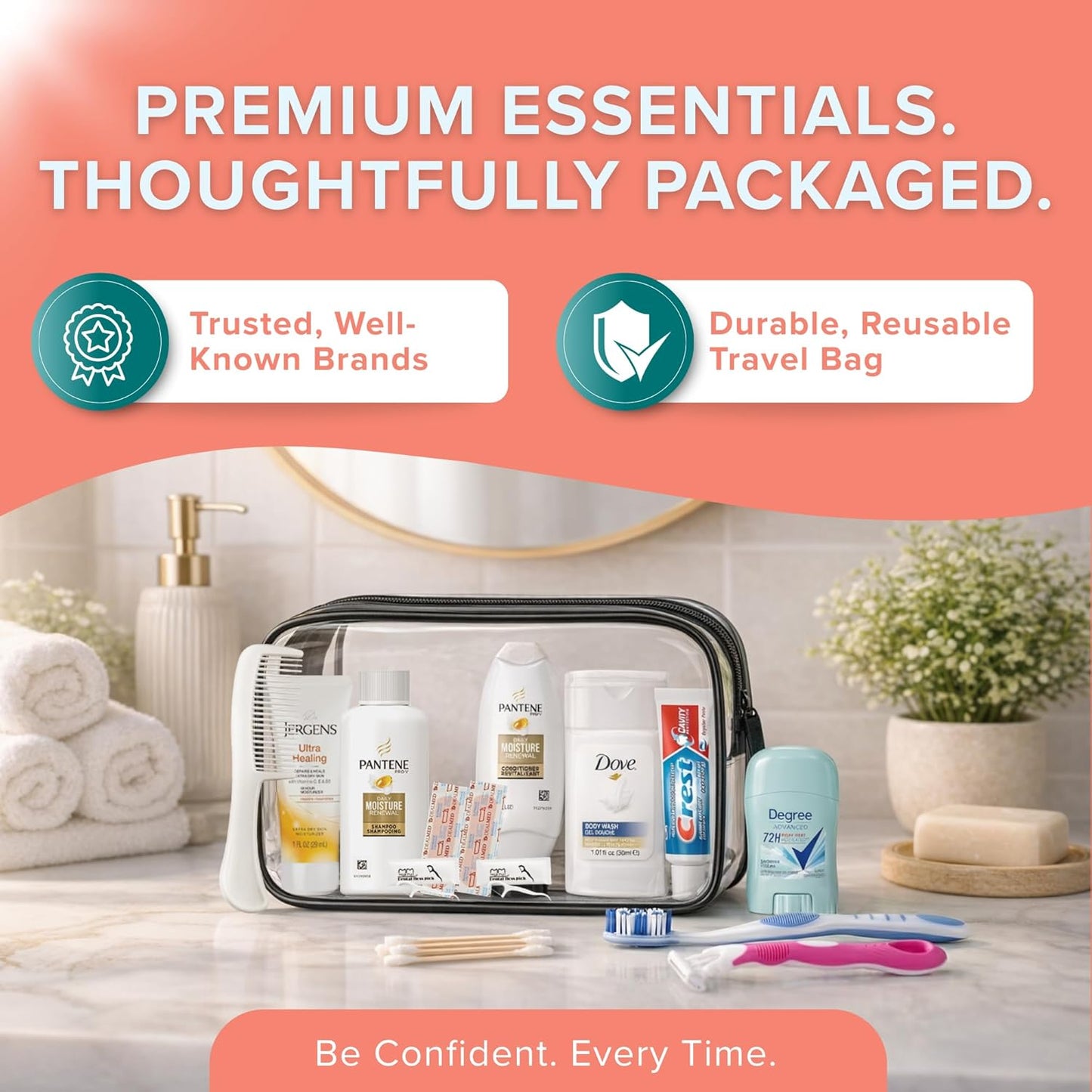 15 Piece Set Women’s Travel & Hygiene Kit with Clear Toiletry Bag, Personal Care Essentials, Single Kit or Bulk Case Packs, TSA Approved Toiletry Kit for Travel, Vacation, Everyday Essentials