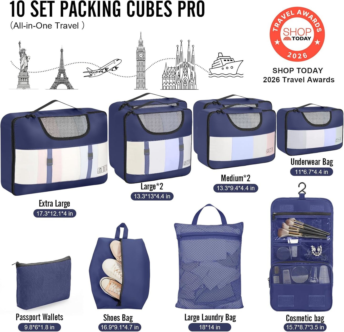 Veken 10 Set Packing Cubes for Travel Essentials,Anti-Wrinkle Buckled Suitcase Organizer for Shoe & Toiletry Bag,Carry On Luggage Bag for Airplane & College Dorm Room Accessories,Women Men Gifts